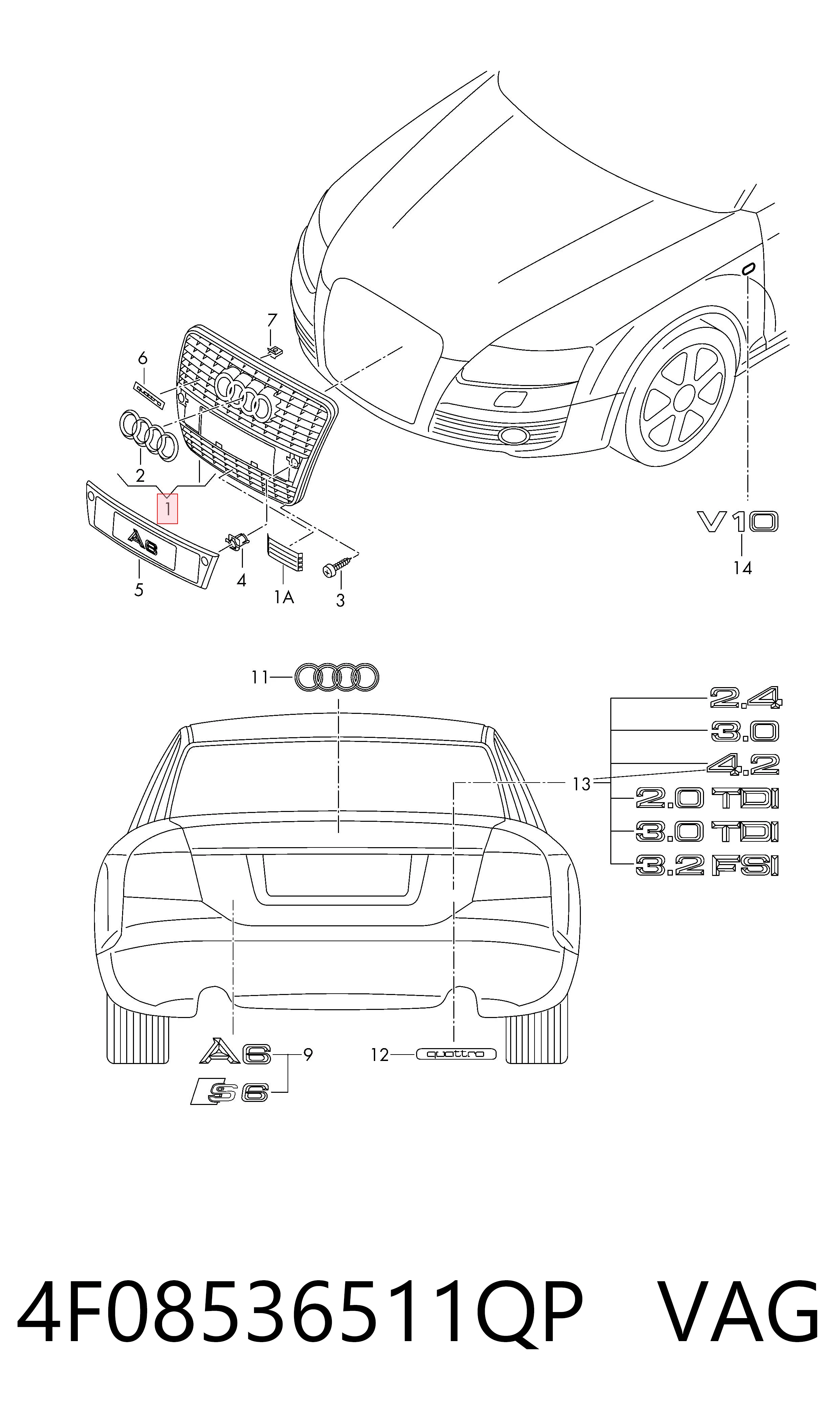 Grelha do radiador para Audi A6 C6 4F2