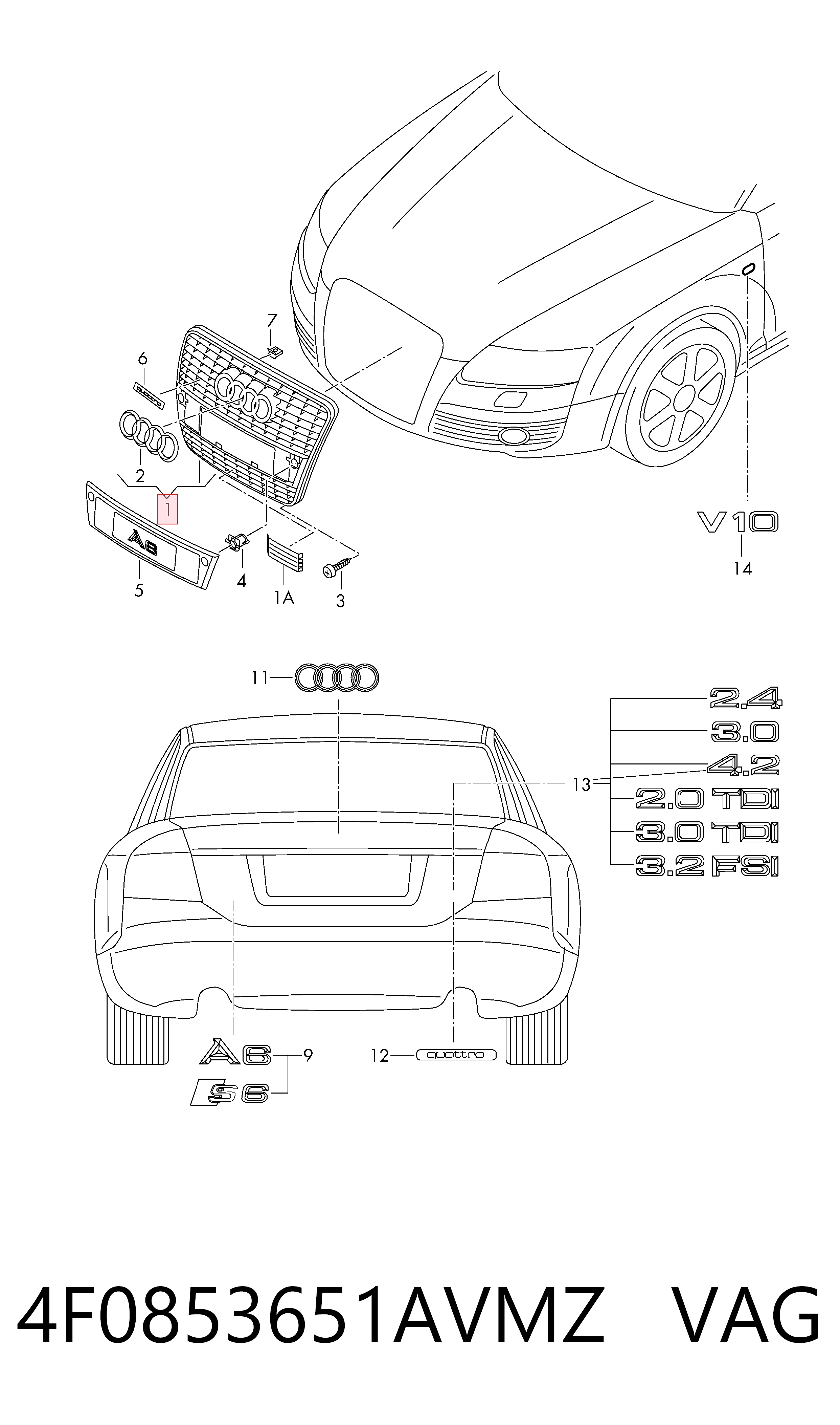 Grelha do radiador para Audi A6 4F2