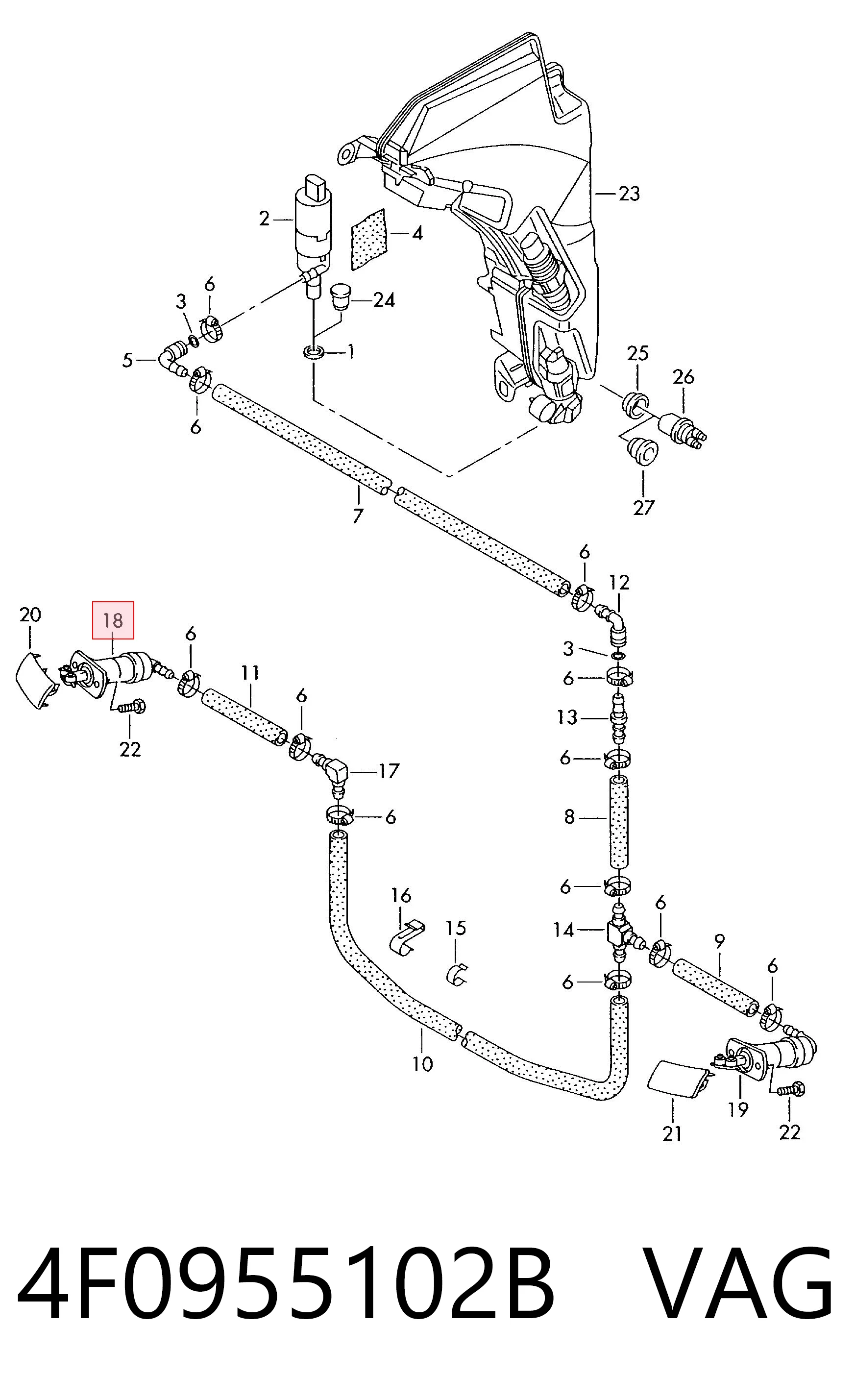 4F0955102B VAG Suporte do injetor de fluido para lavador das luzes (cilindro de elevação)