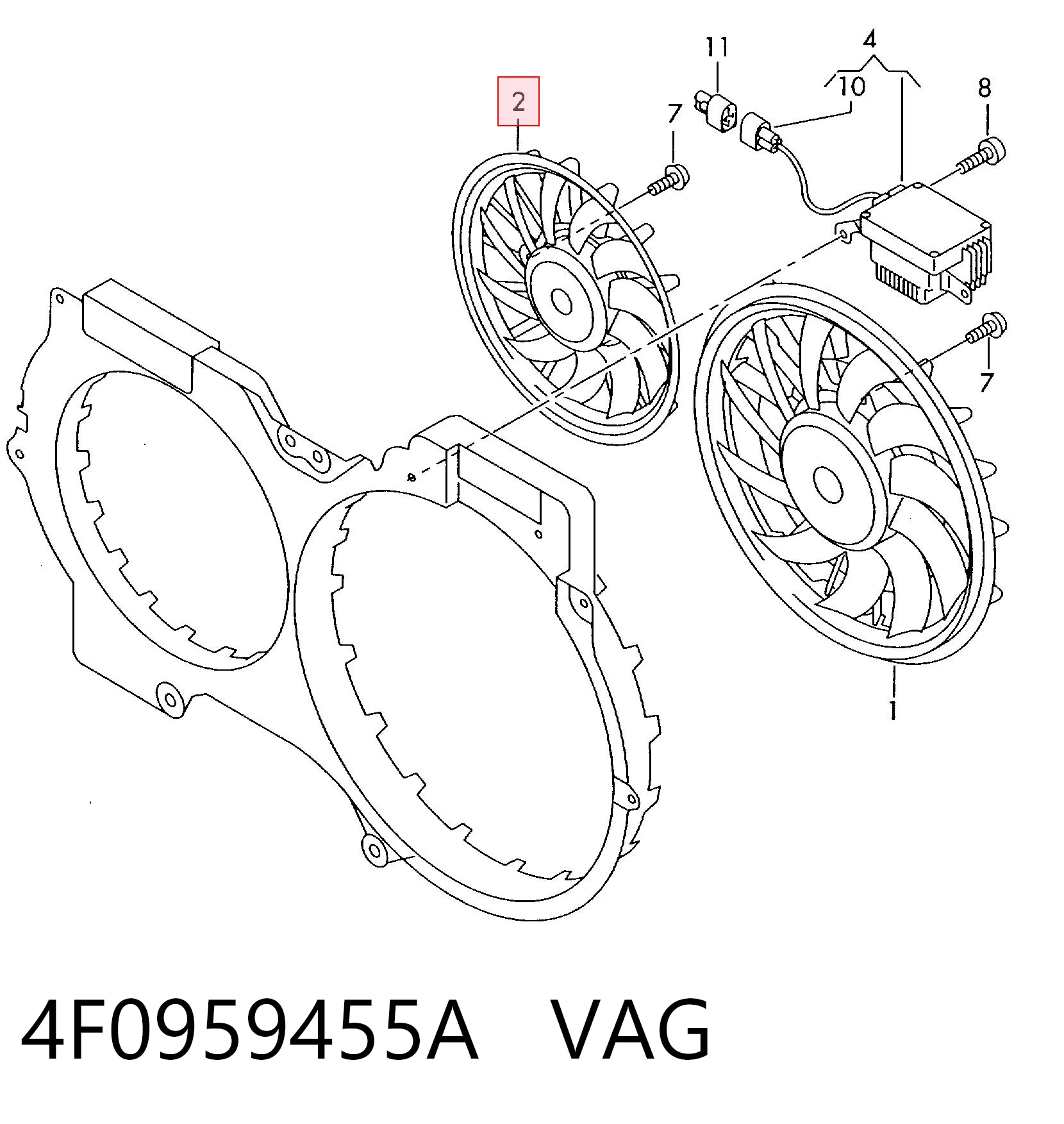 4F0959455A VAG Ventilador elétrico de esfriamento montado (motor + roda de aletas) direito