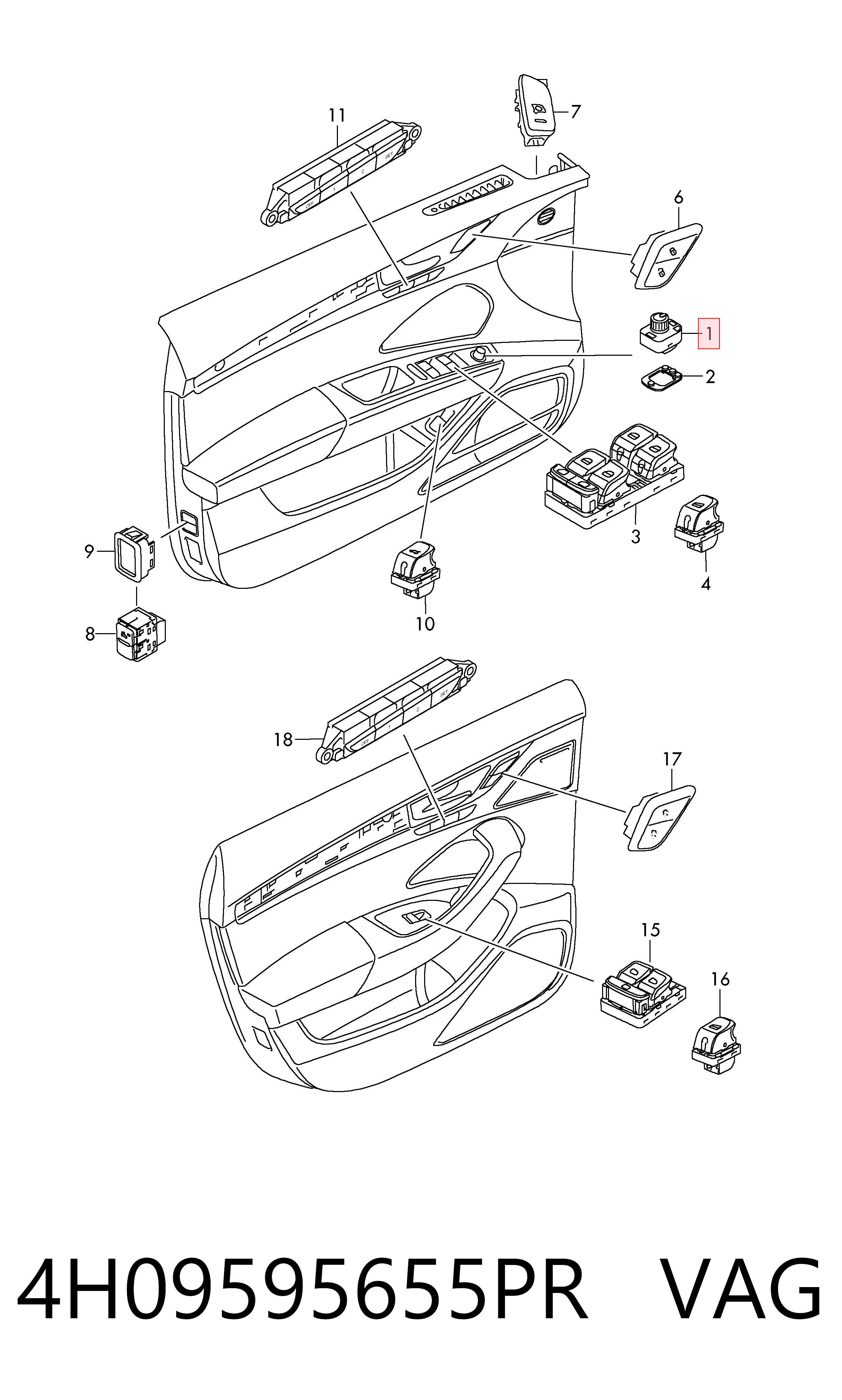 4H09595655PR VAG Unidade de controlo dos espelhos de retrovisão, na porta