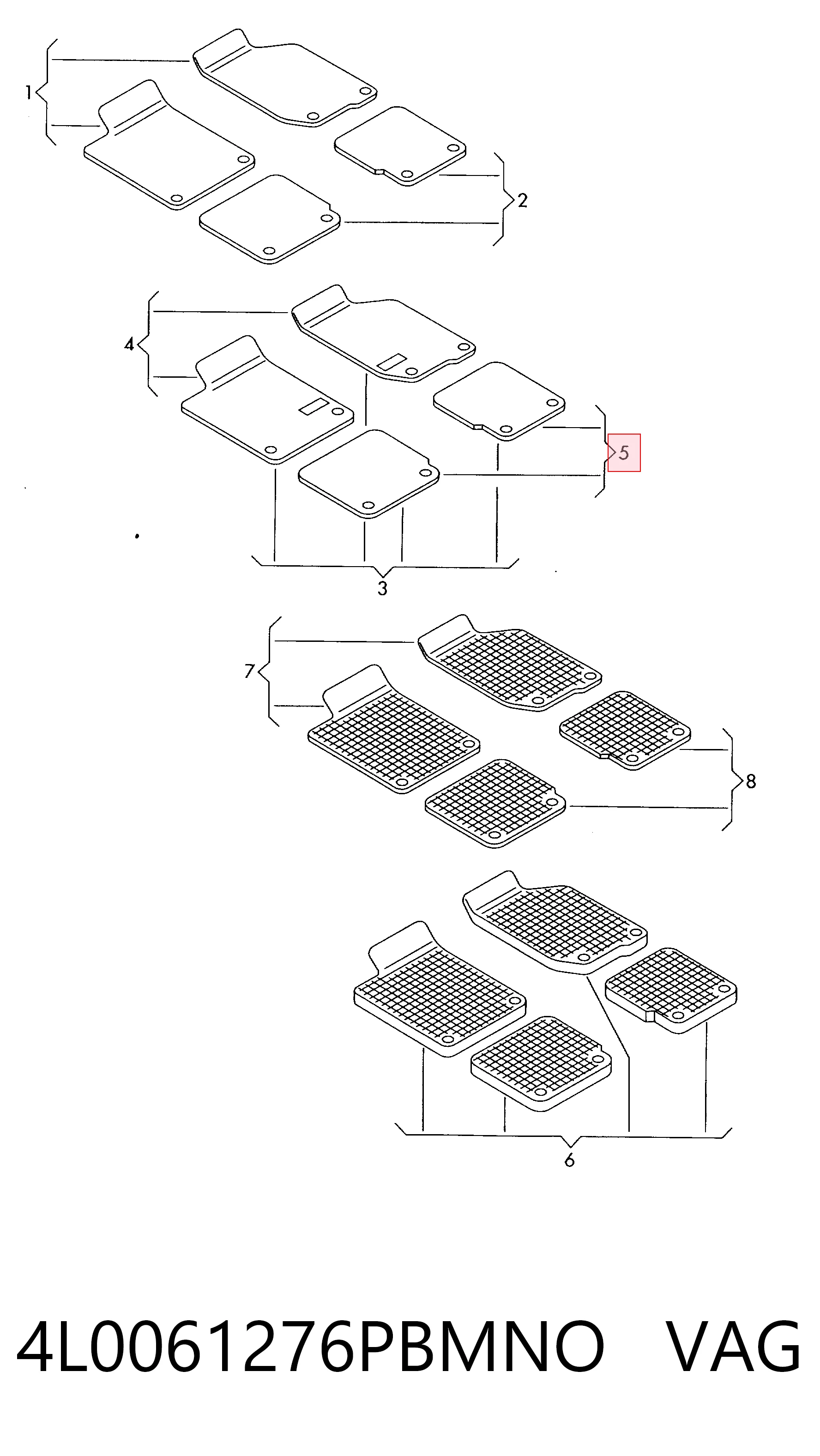4L0061276PBMNO VAG Tapete traseiro, kit de 2 un.