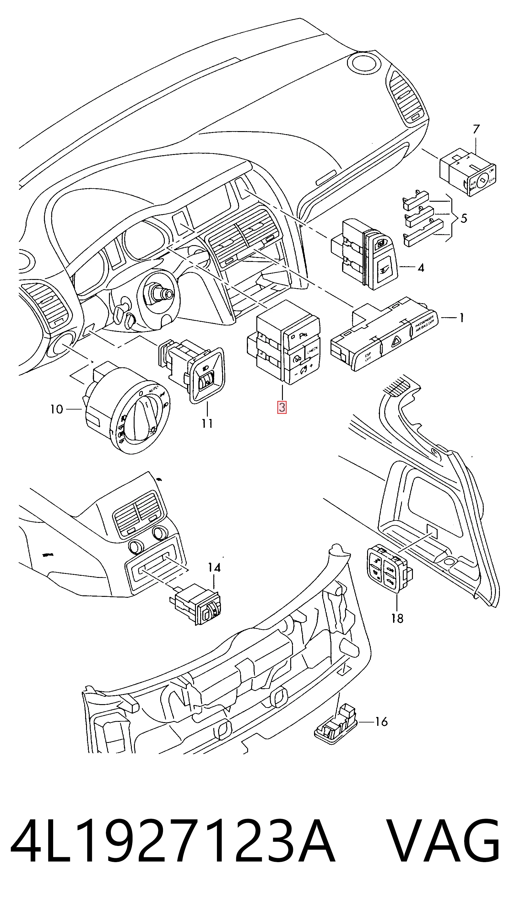 4L1927123A VAG Botão de ativação de sensor de estacionamento