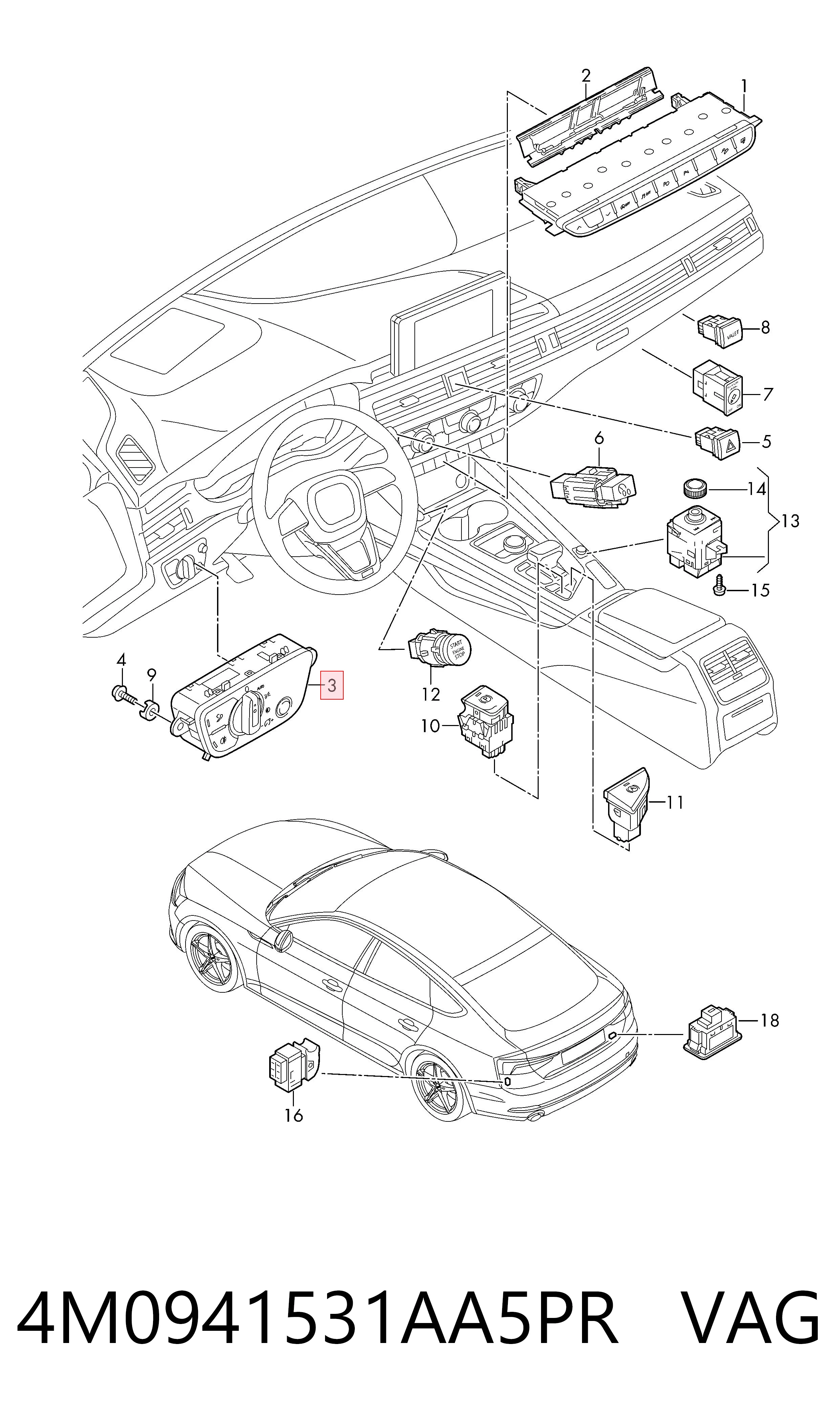 Comutador das luzes no "painel de instrumentos" VAG 4M0941531AA5PR preço, a partir de 98,75 USD