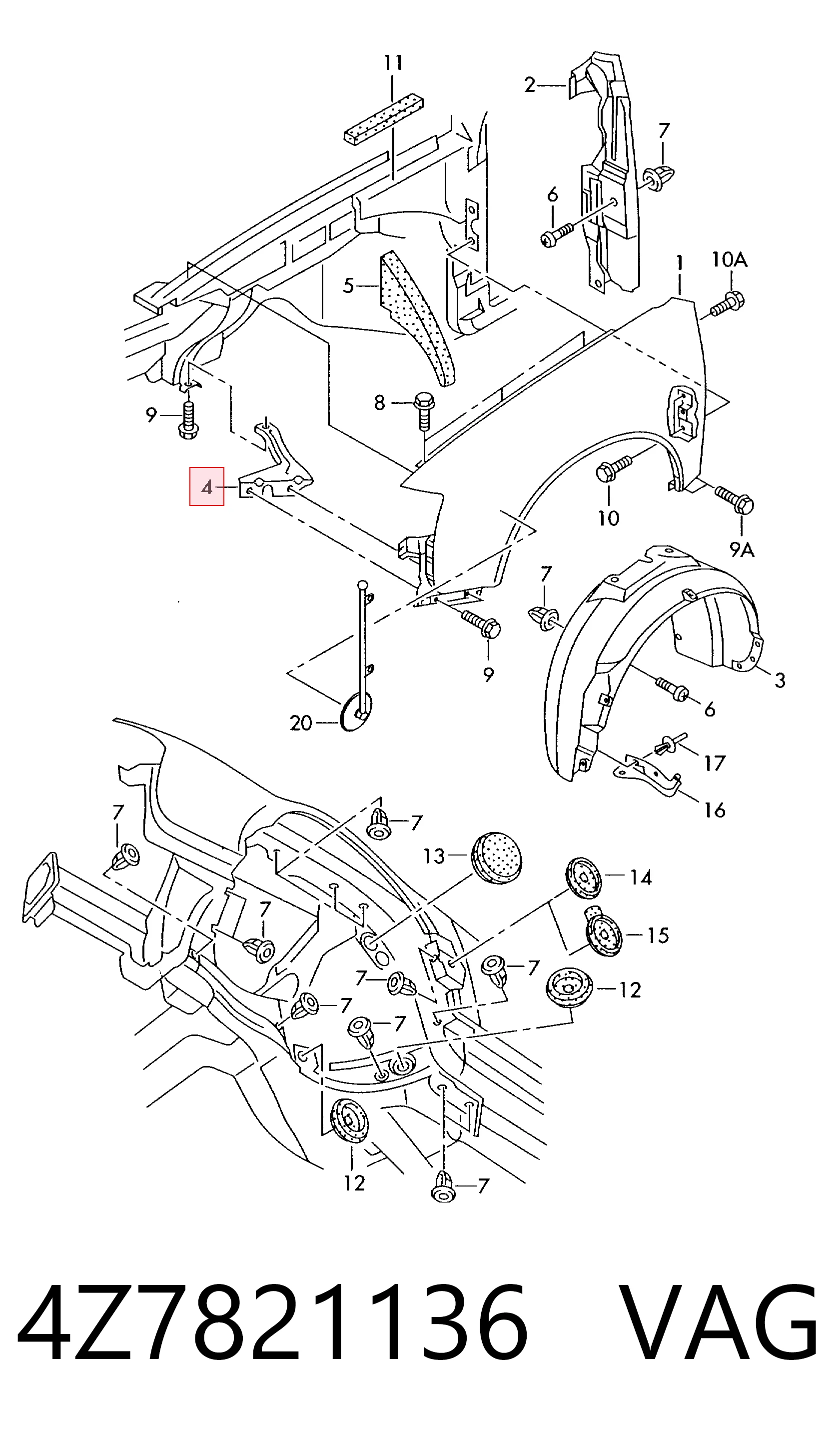 4Z7821136 VAG Consola dianteira de fixação do pára-lama dianteiro direito