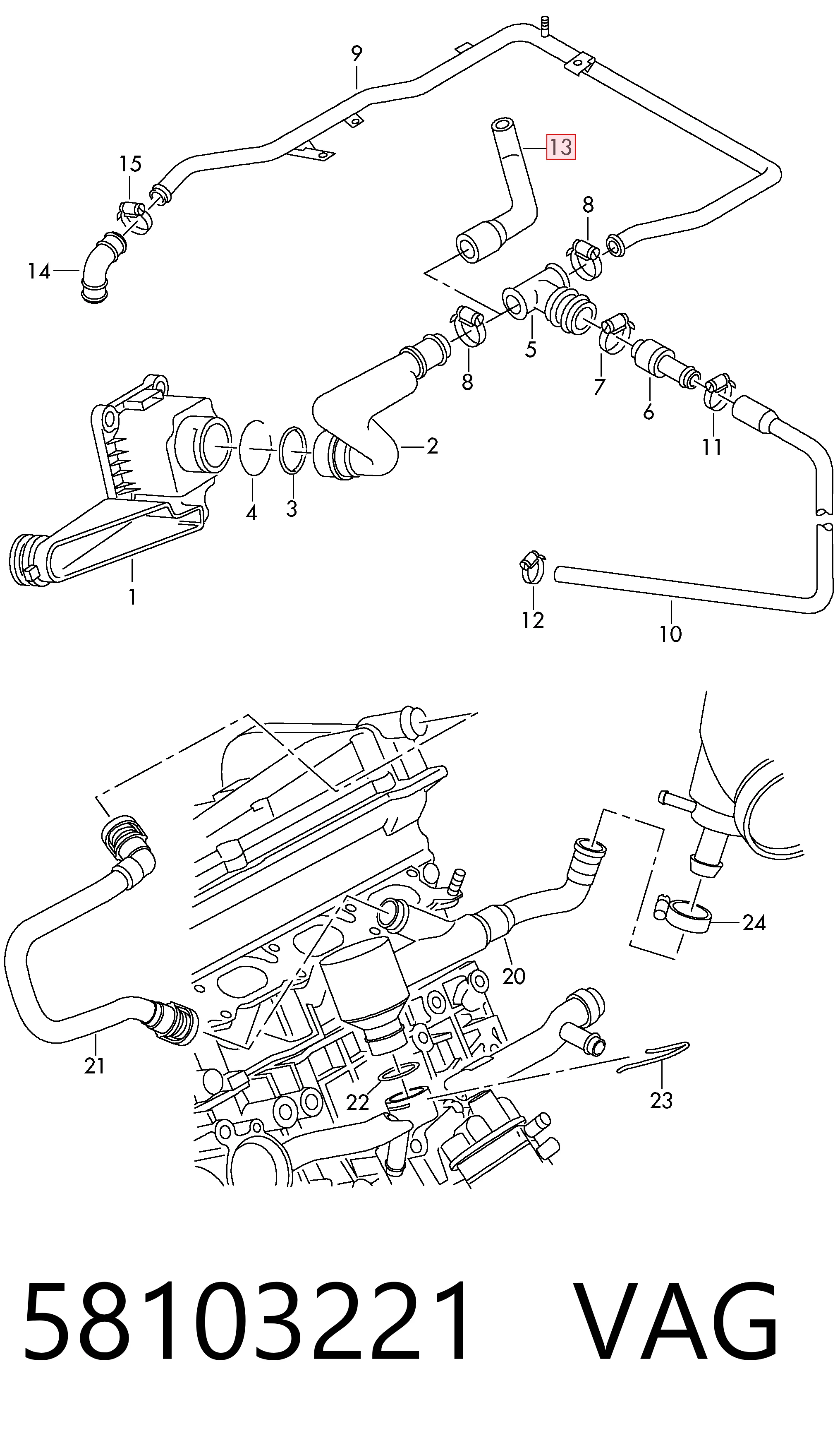 58103221 VAG Cano derivado de ventilação de cárter (de separador de óleo)