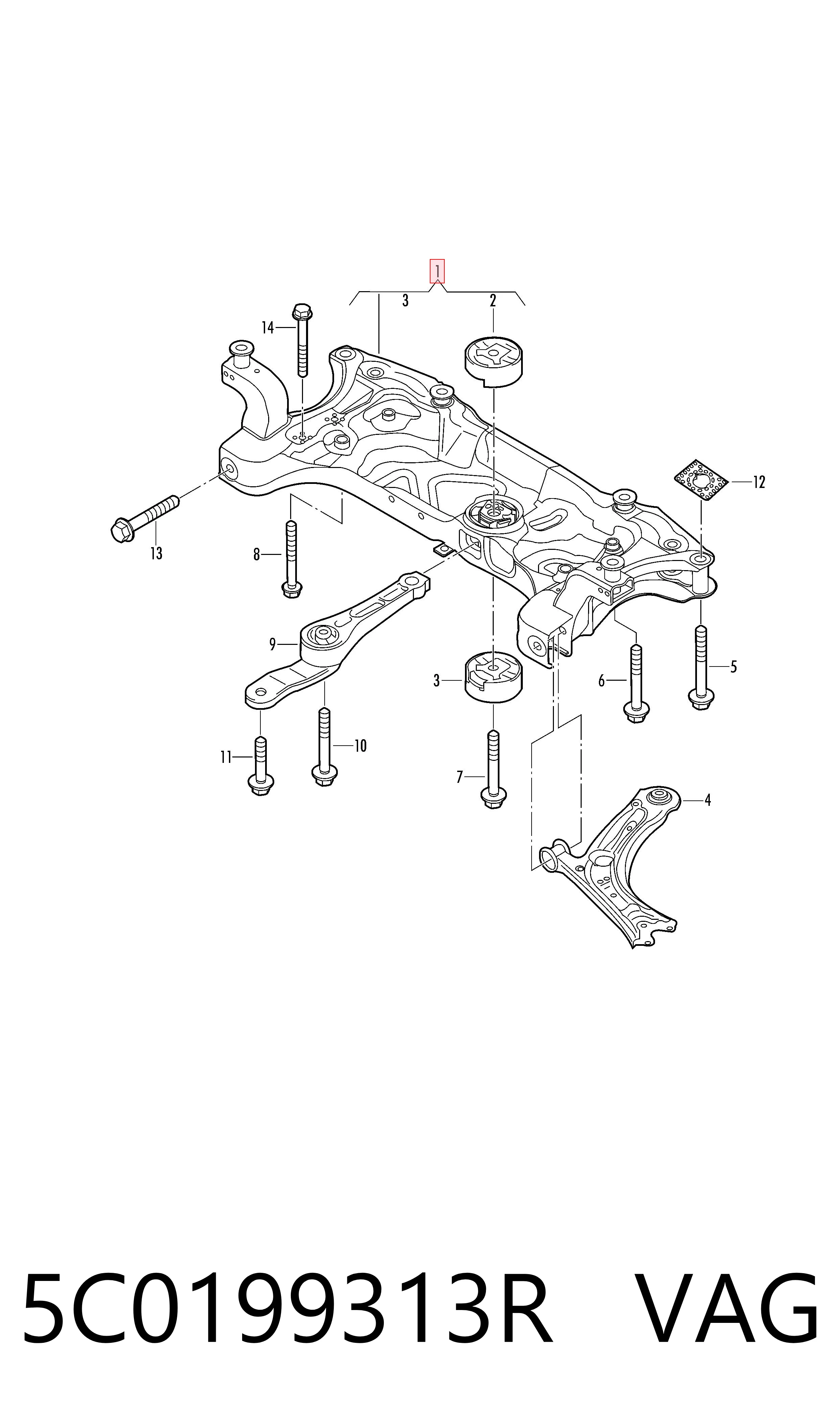 Viga de suspensão dianteira (plataforma veicular) para Volkswagen Jetta VI 162, 163, AV3, AV2, AY2, AY3