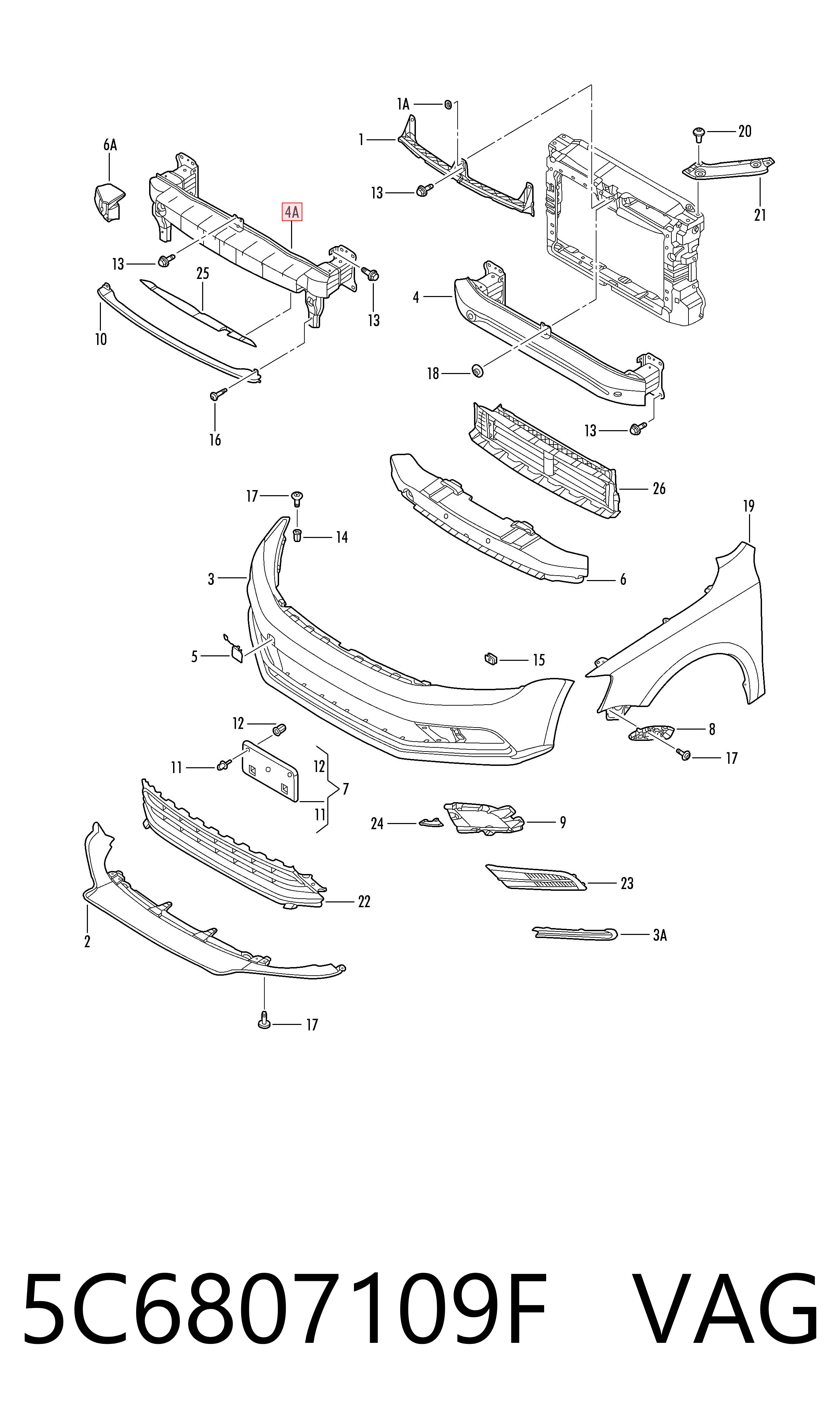  Reforçador do pára-choque dianteiro Volkswagen Jetta VI sedan (162, 163, AV3, AV2, AY2, AY3) (2011 - 2019) VI