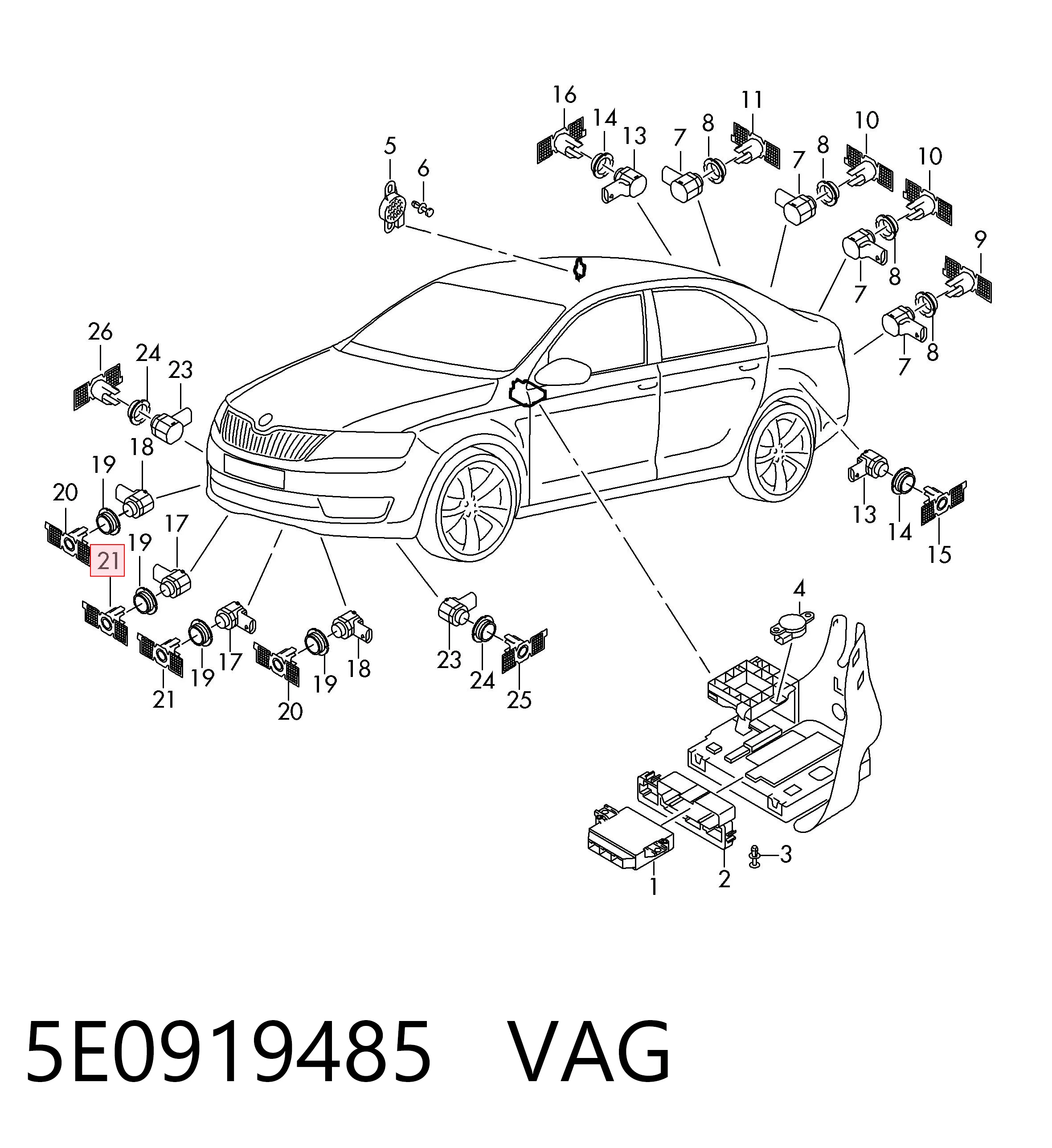 5E0919485 VAG Consola dianteira lateral de sensor de estacionamento