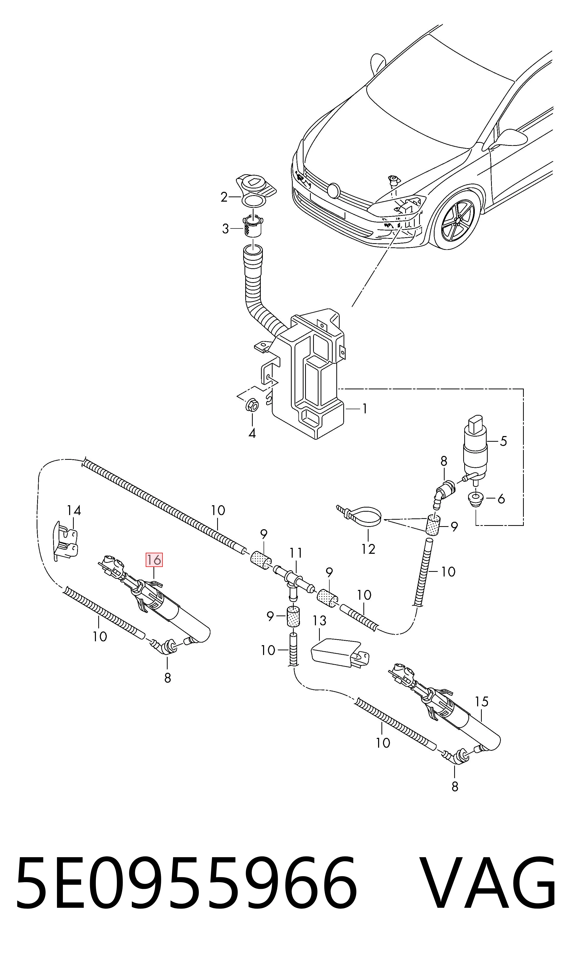 5E0955966 VAG Suporte do injetor de fluido para lavador das luzes (cilindro de elevação)