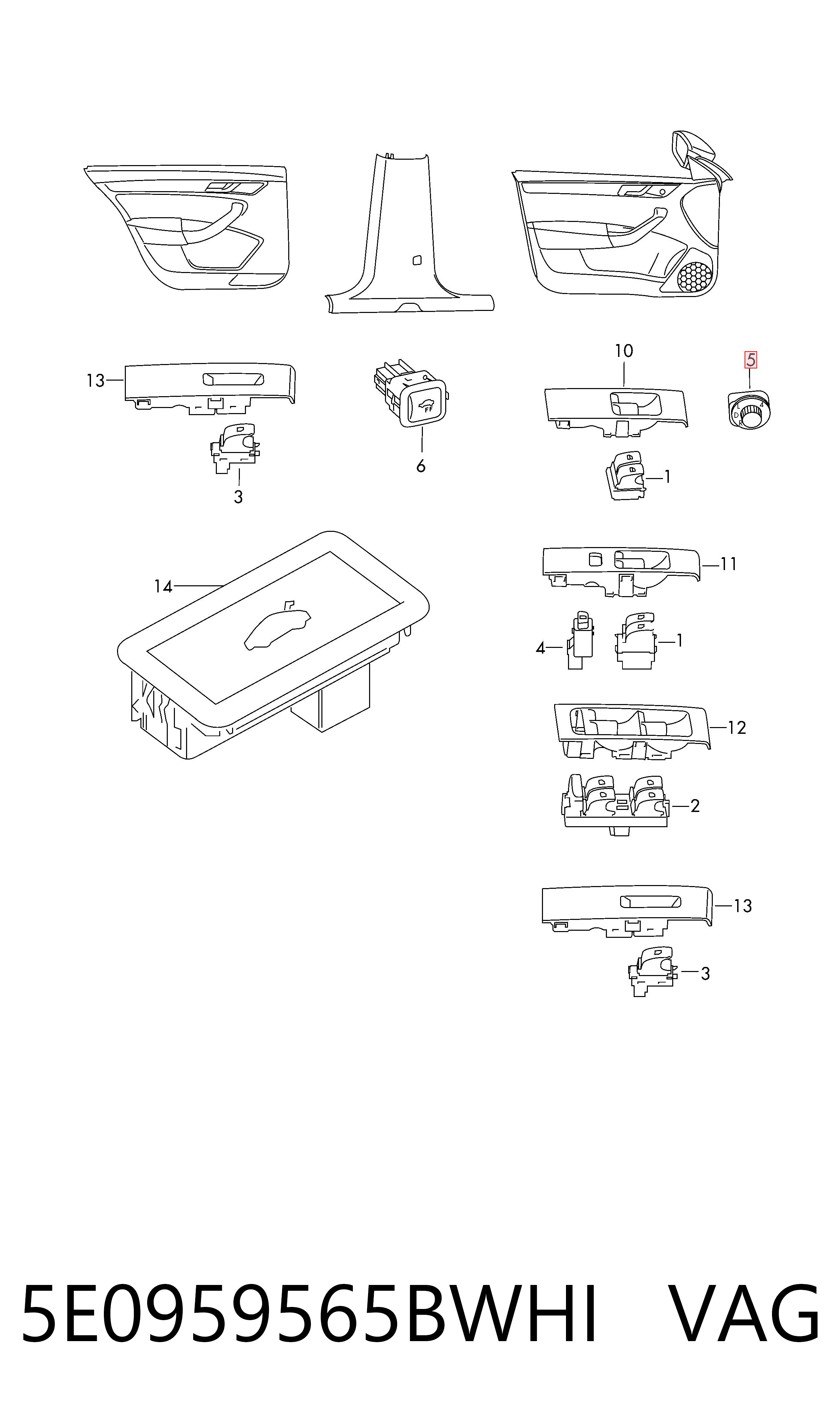 5E0959565BWHI VAG Unidade de controlo dos espelhos de retrovisão, na porta