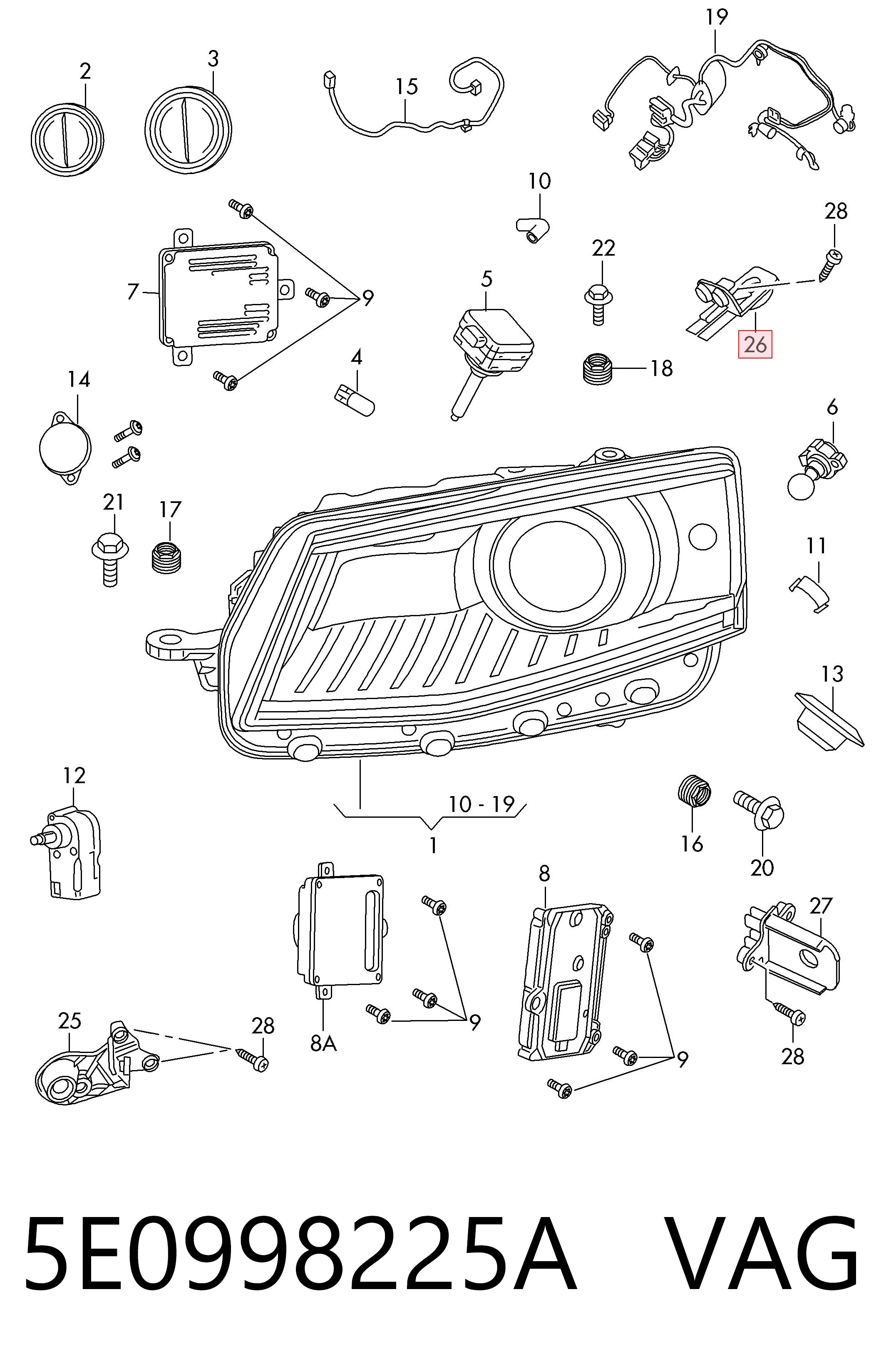 5E0998225A VAG Consola (adaptador) de fixação da luz dianteira esquerda