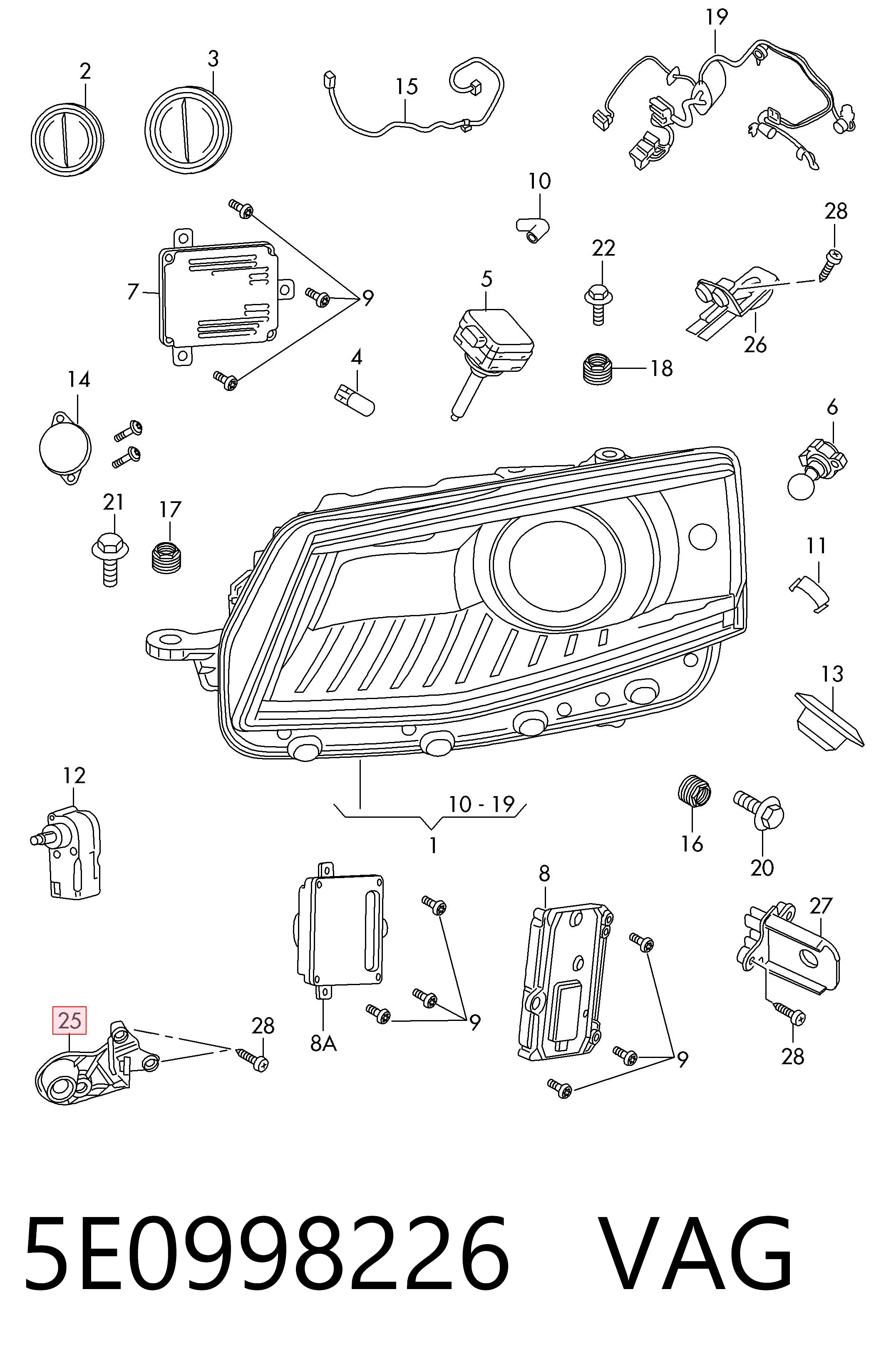 5E0998226 VAG Consola (adaptador) de fixação da luz dianteira direita