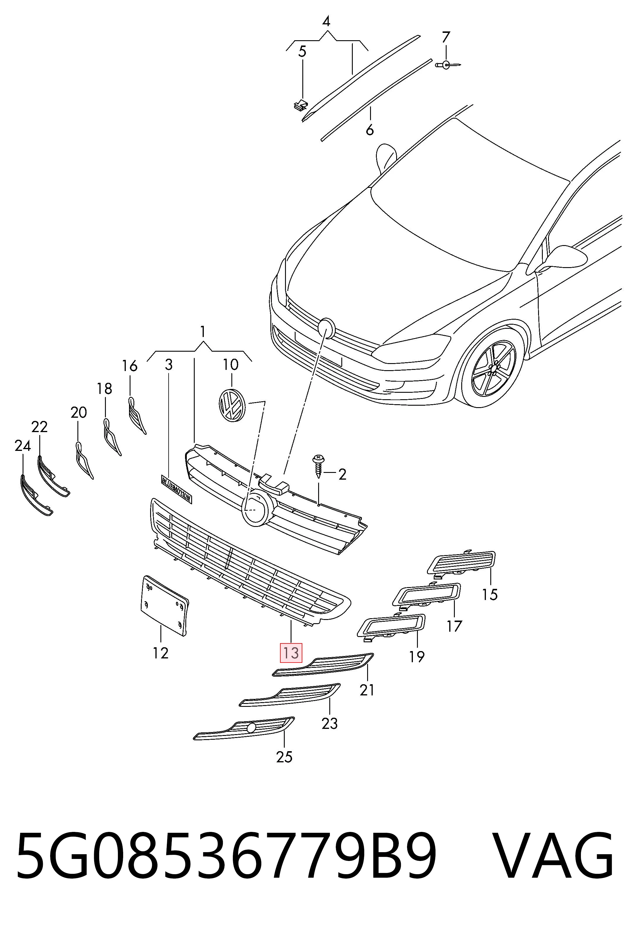 5G08536779B9 VAG Grelha central do pára-choque dianteiro