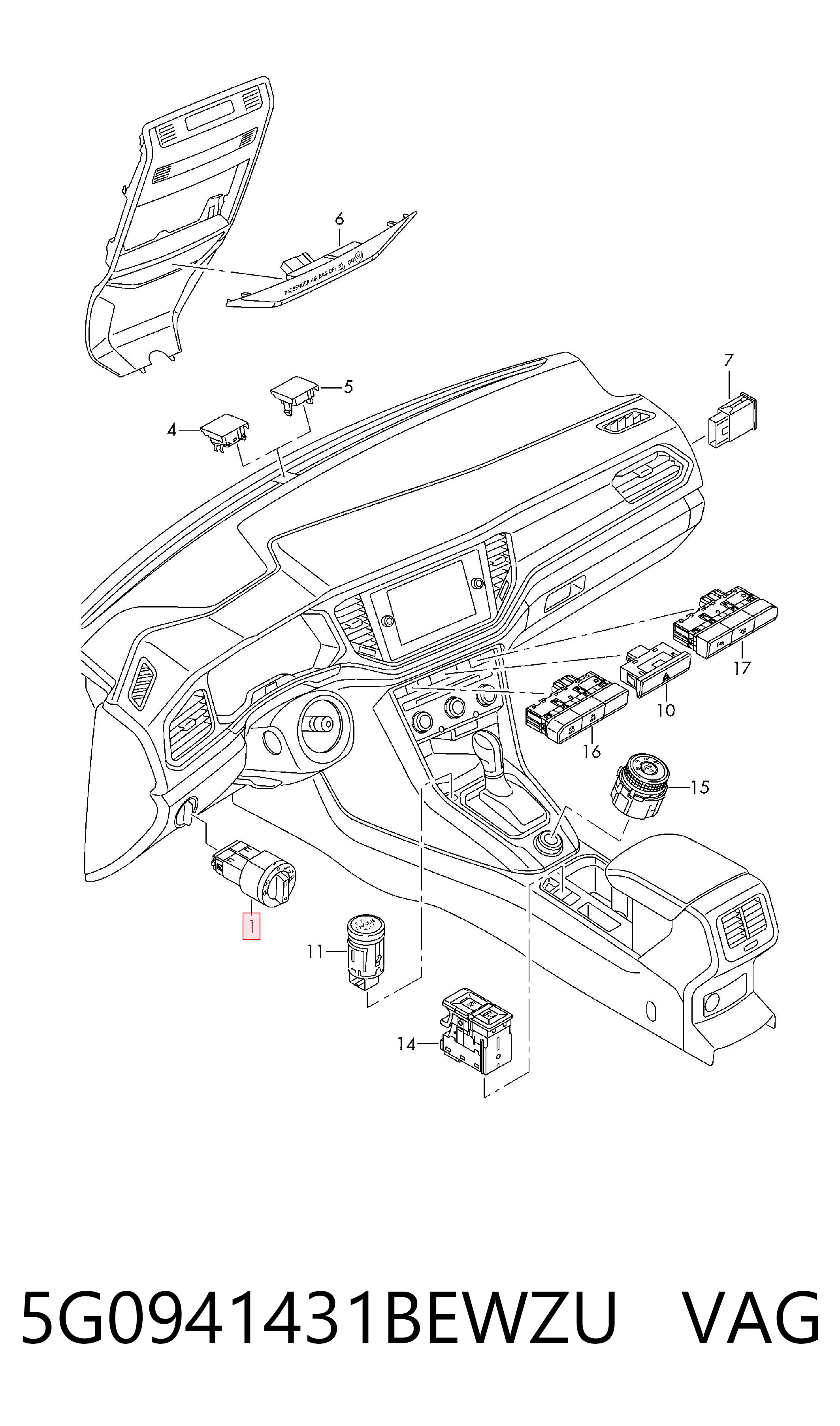 5G0941431BEWZU VAG Comutador das luzes no "painel de instrumentos"