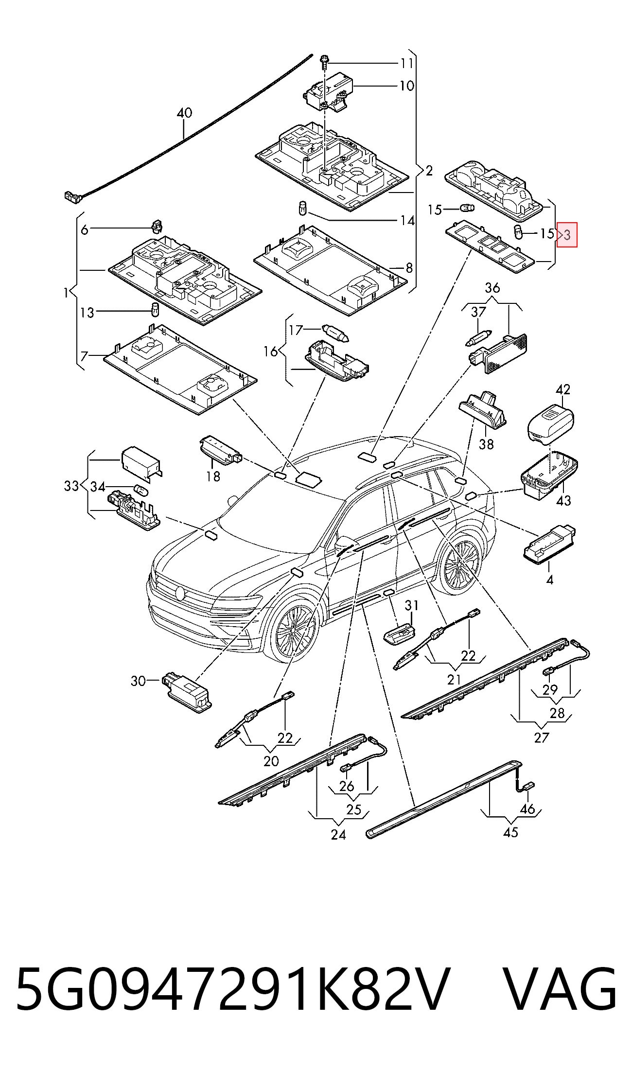 5G0947291K82V VAG Quebra-luz traseiro de iluminação de salão (de cabina)