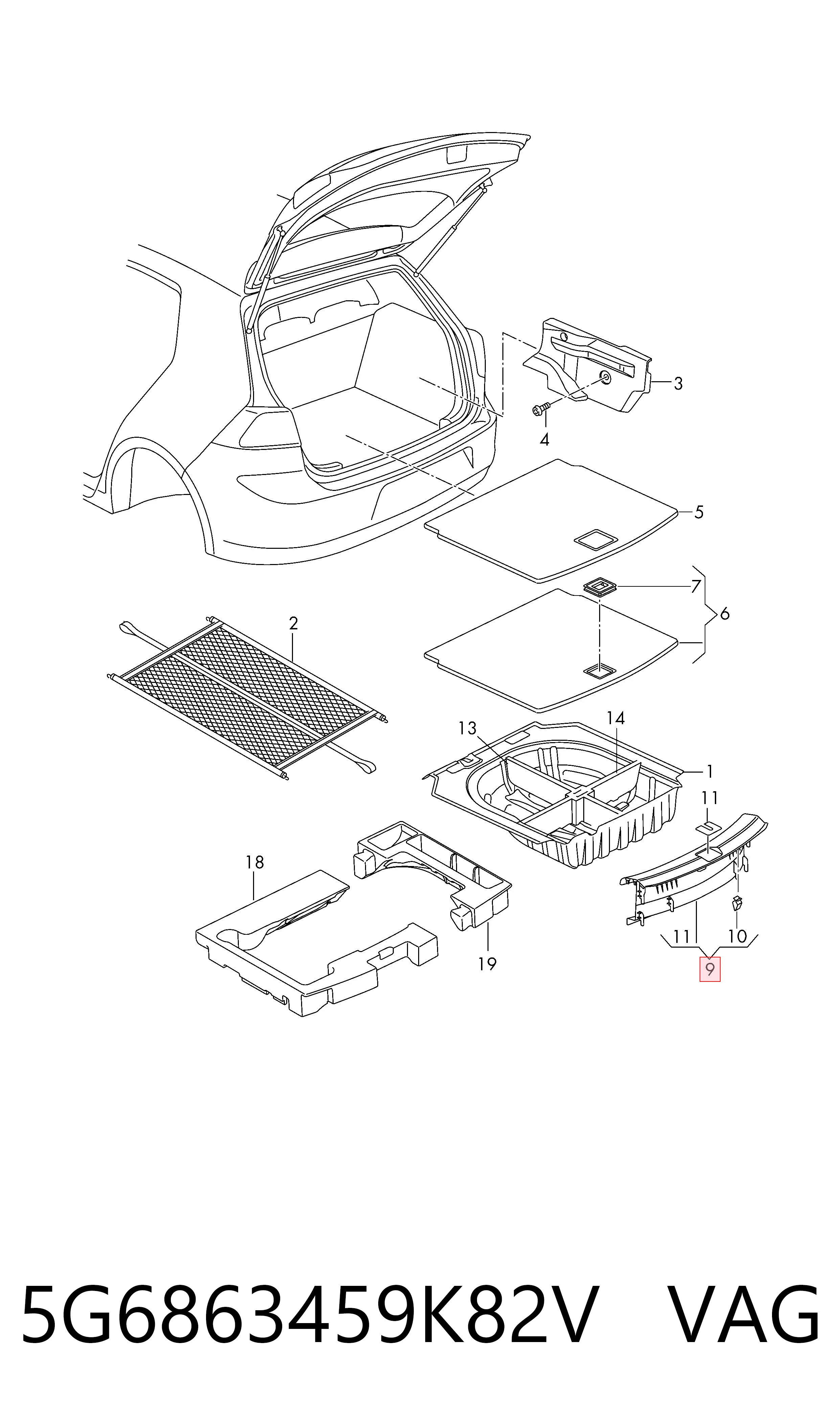 5G6863459K82V VAG Cobrimento de painel traseiro de porta-malas