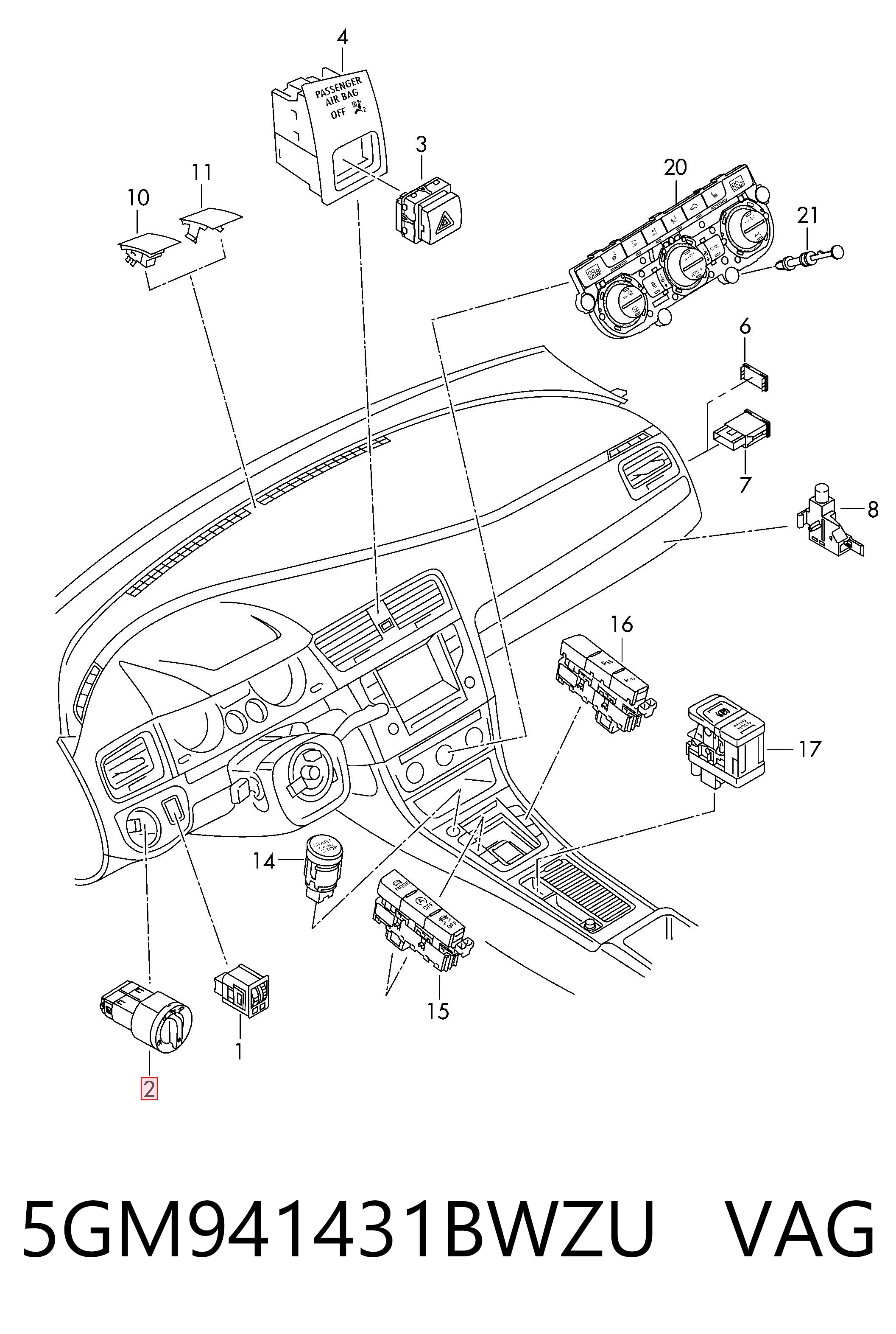 5GM941431BWZU VAG Comutador das luzes no "painel de instrumentos"