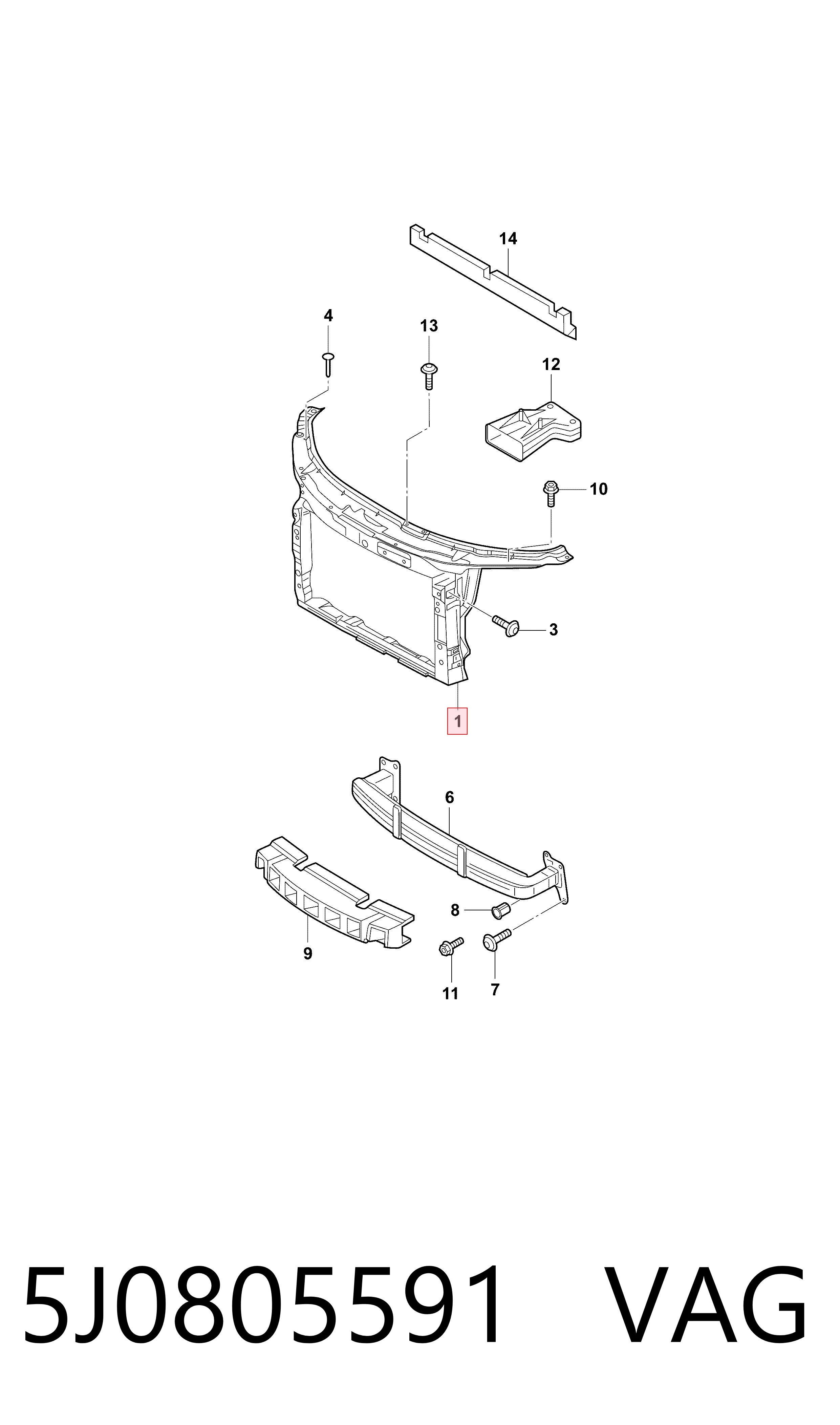 5J0805591 VAG Suporte do radiador montado (painel de montagem de fixação das luzes)