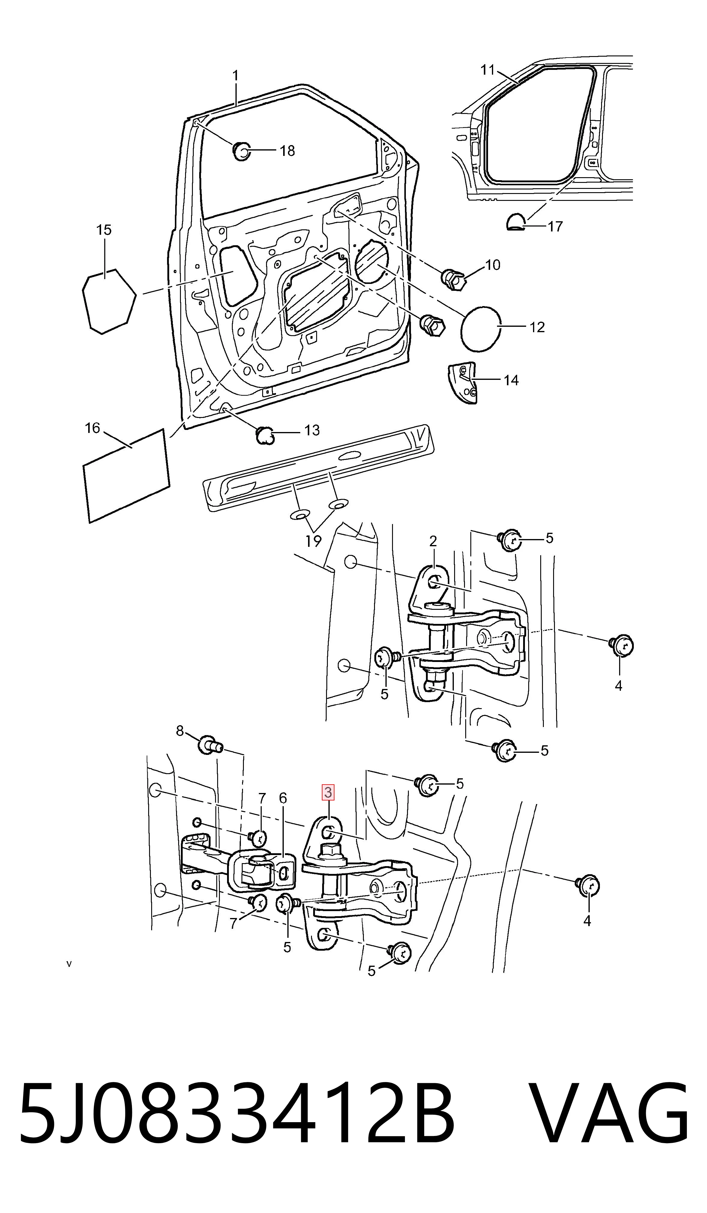 5J0833412B VAG Gozno da porta dianteira direita