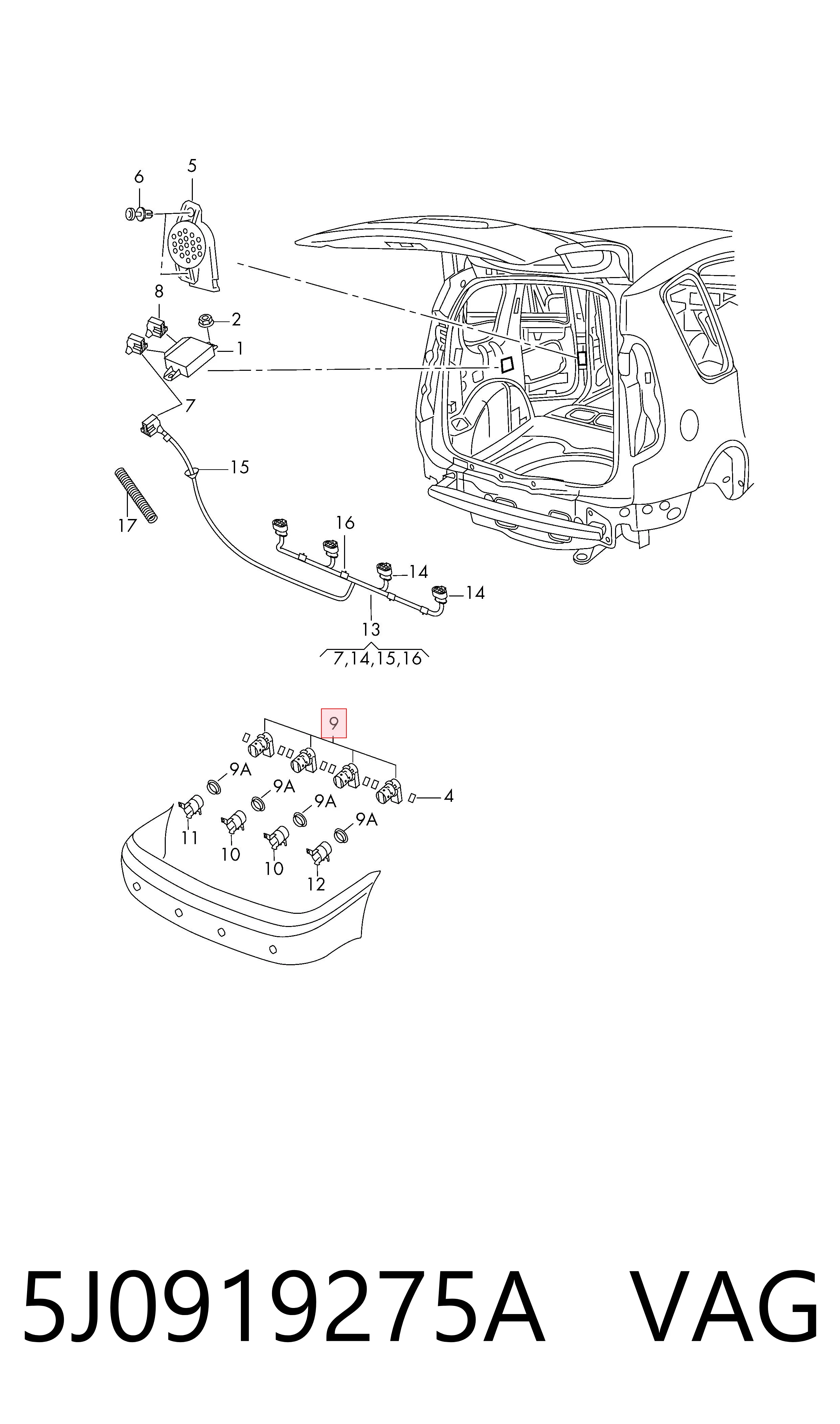 5J0919275A VAG Sensor traseiro de sinalização de estacionamento (sensor de estacionamento)