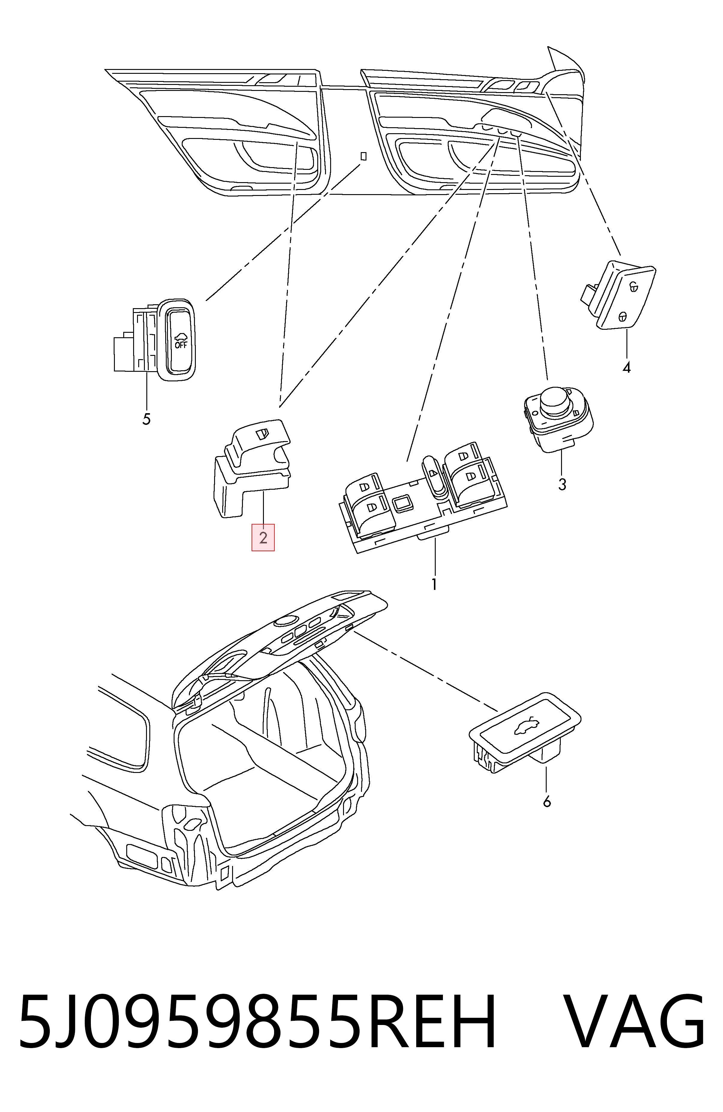 5J0959855REH VAG Botão dianteiro direito de ativação de motor de acionamento de vidro