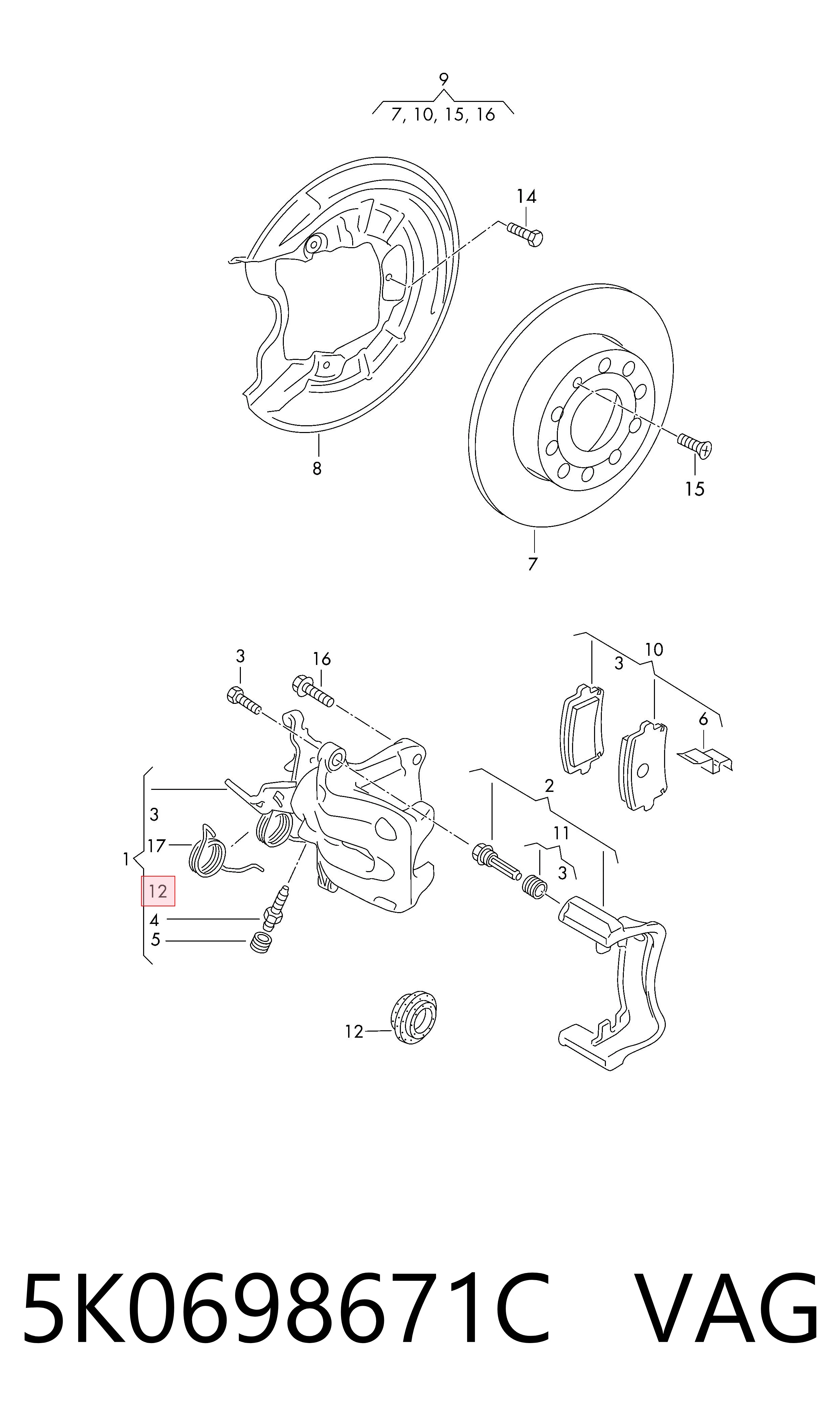 5K0698671C VAG Kit de reparação de suporte do freio traseiro