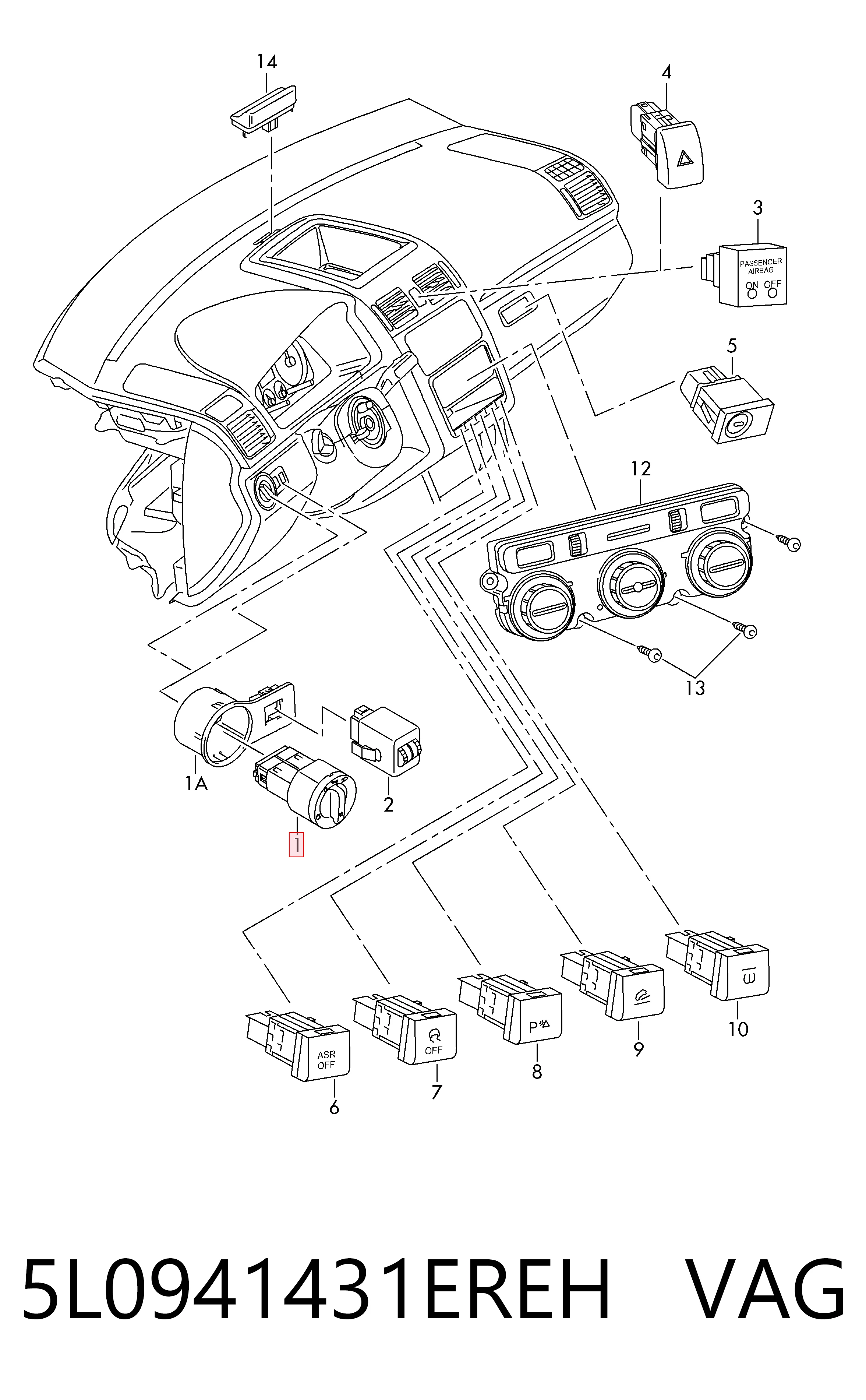 5L0941431EREH VAG Comutador das luzes no "painel de instrumentos"