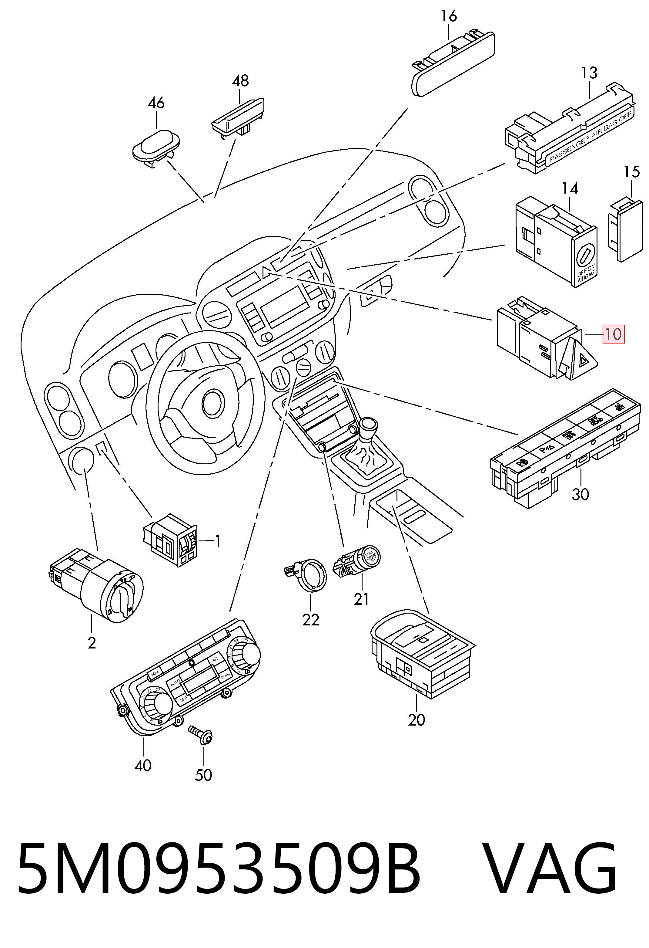 Botão de ativação do sinal de emergência para Volkswagen Golf PLUS V 5M1, 521