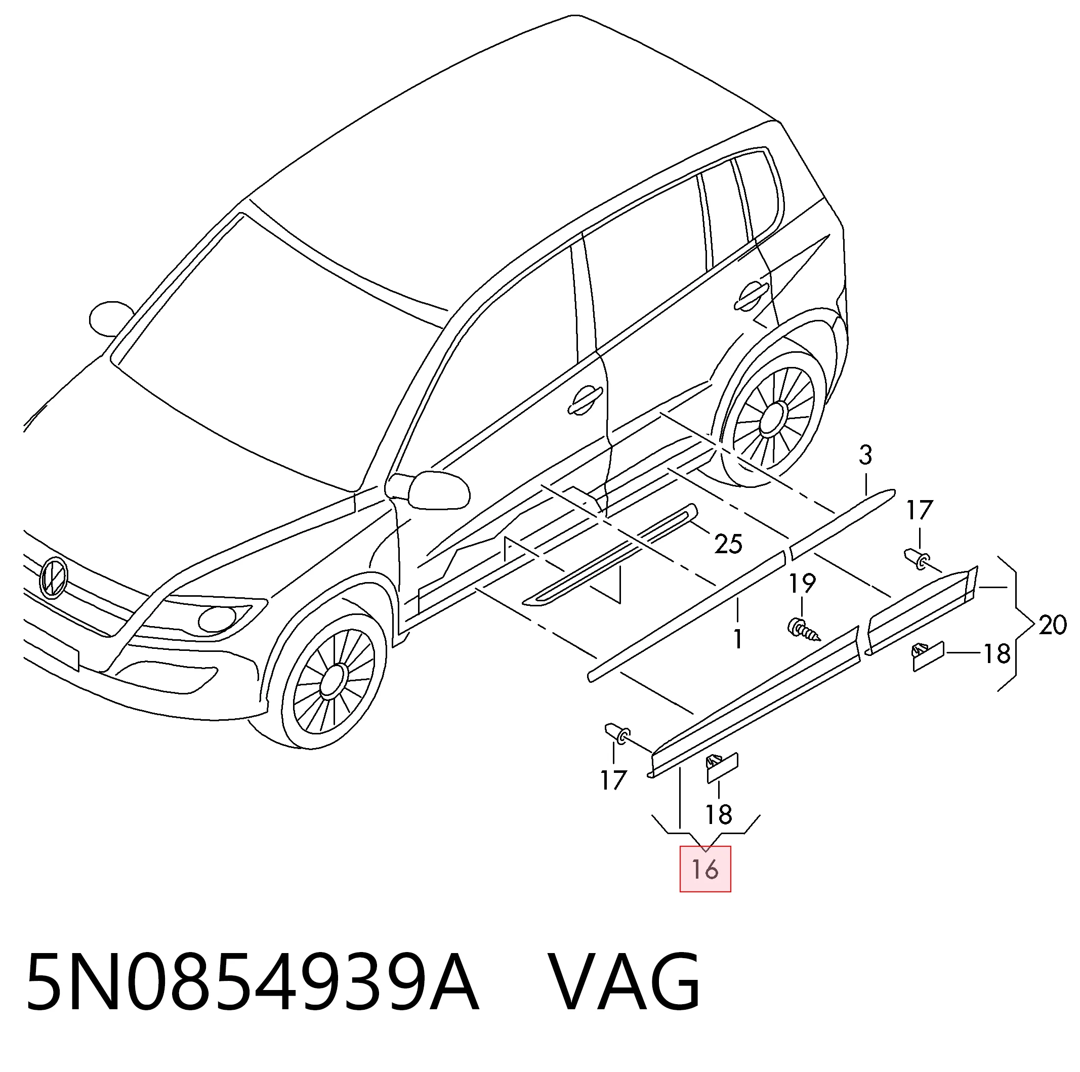 5N0854939A VAG Moldura da porta dianteira esquerda