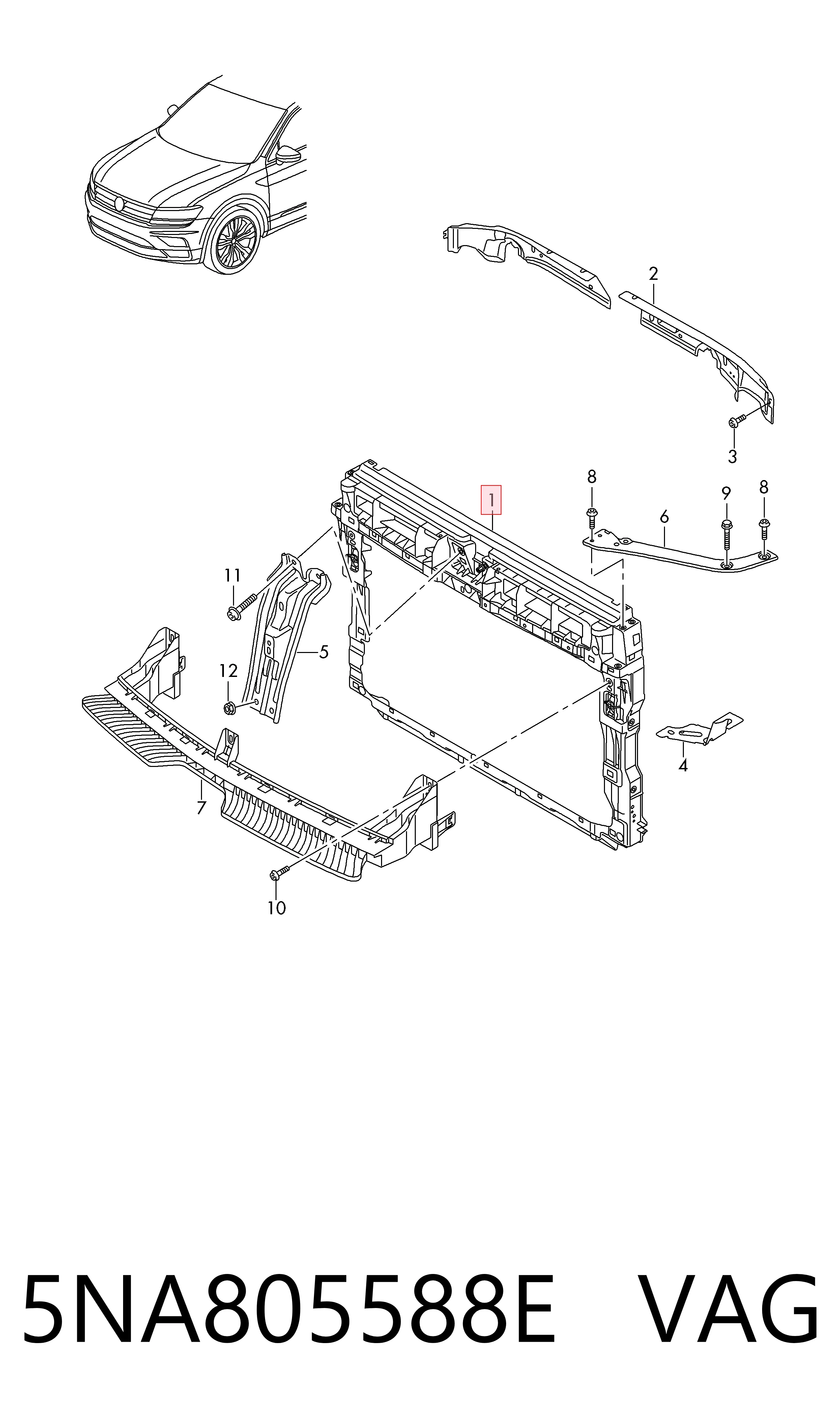 5NA805588E VAG Suporte do radiador montado (painel de montagem de fixação das luzes)