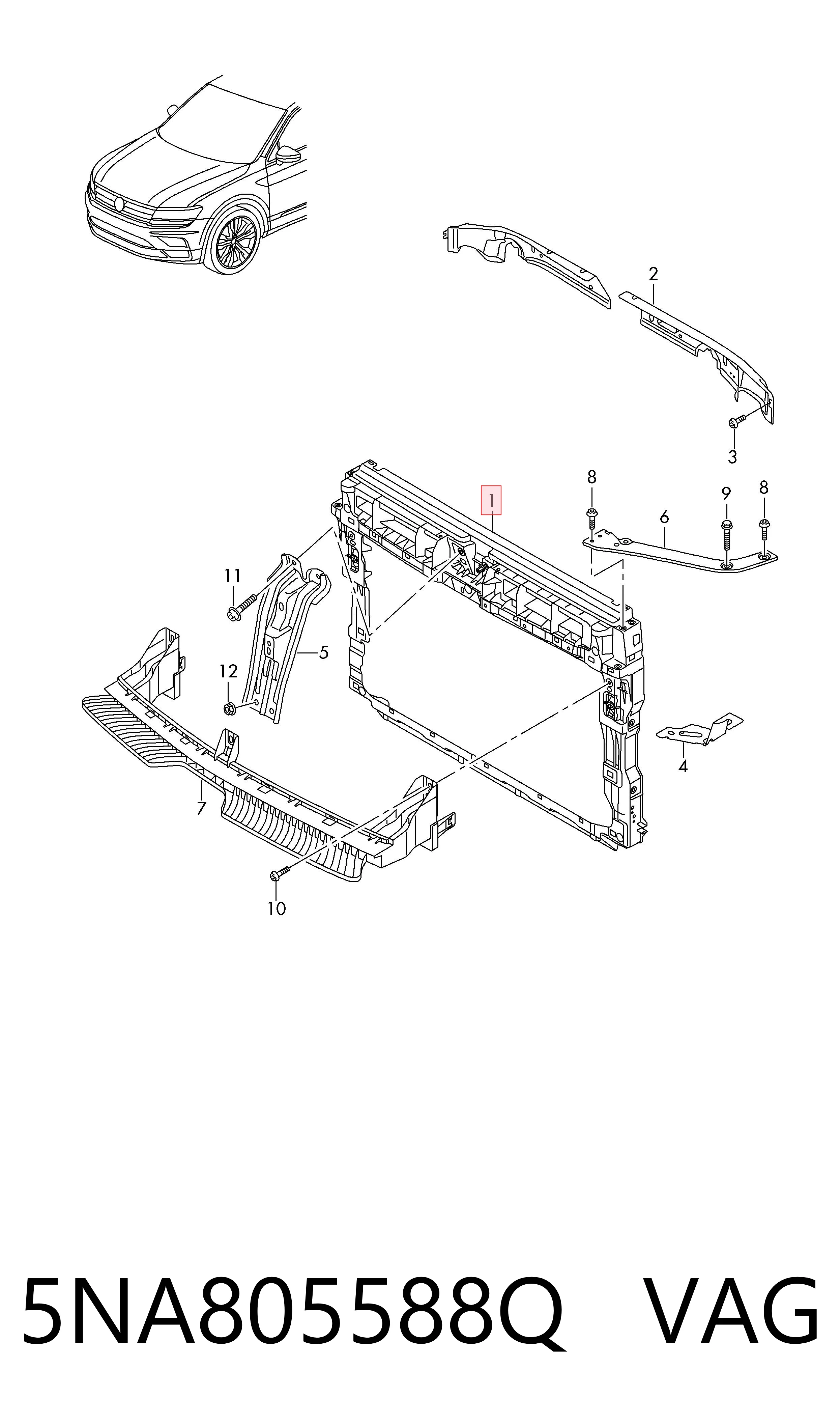 5NA805588Q VAG Suporte do radiador montado (painel de montagem de fixação das luzes)