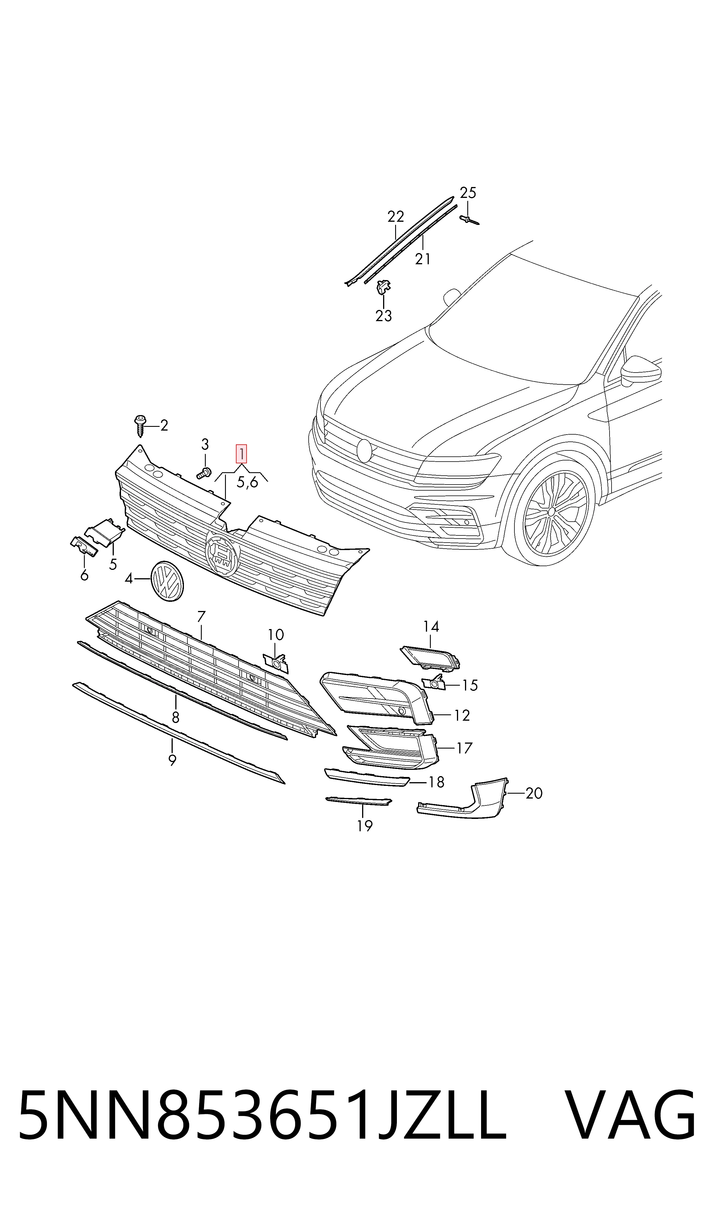 Grelha do radiador para Volkswagen Tiguan BW2, BJ2