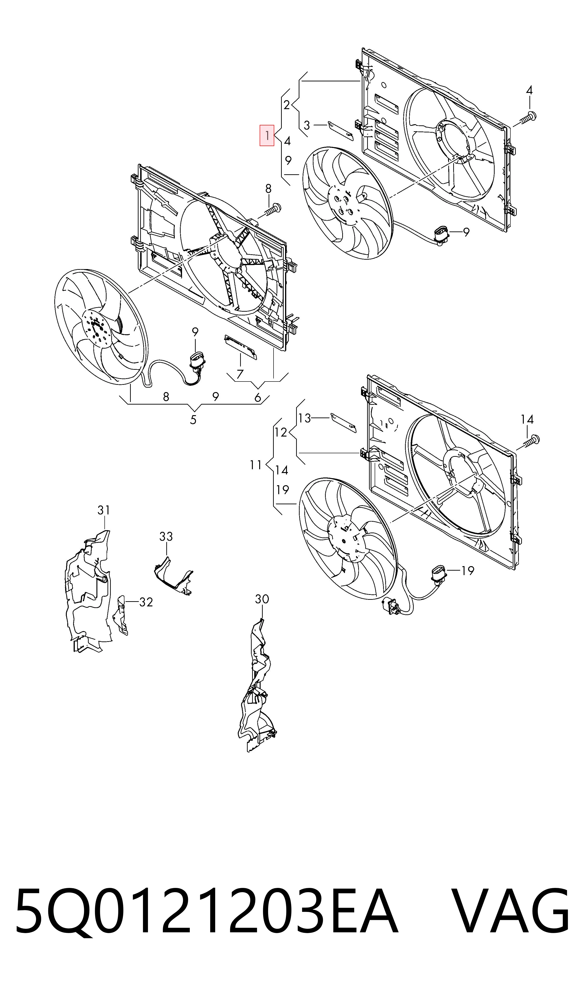 5Q0121203EA VAG Ventilador elétrico de esfriamento montado (motor + roda de aletas)