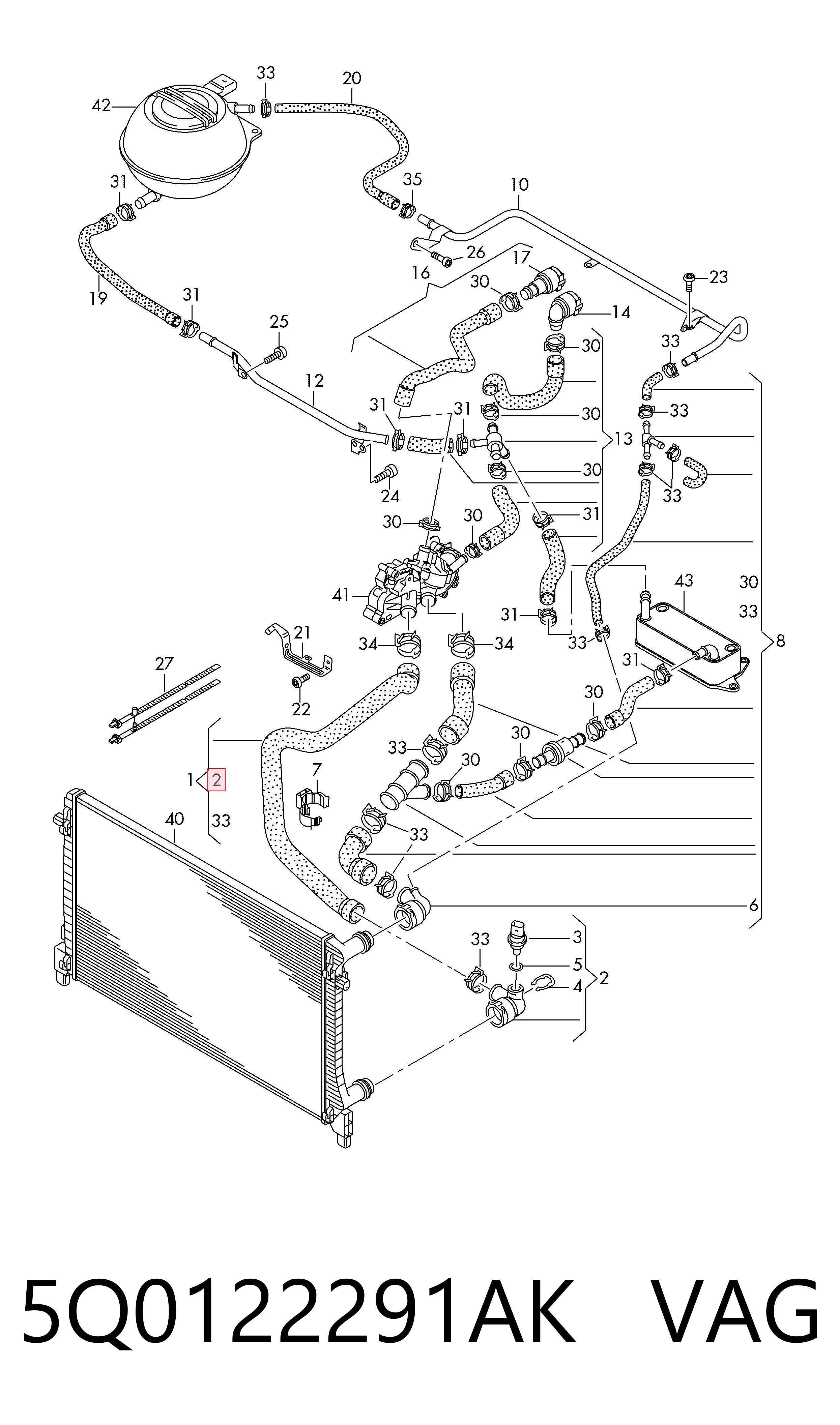 5Q0122291AK VAG Flange do sistema de esfriamento (união em T)