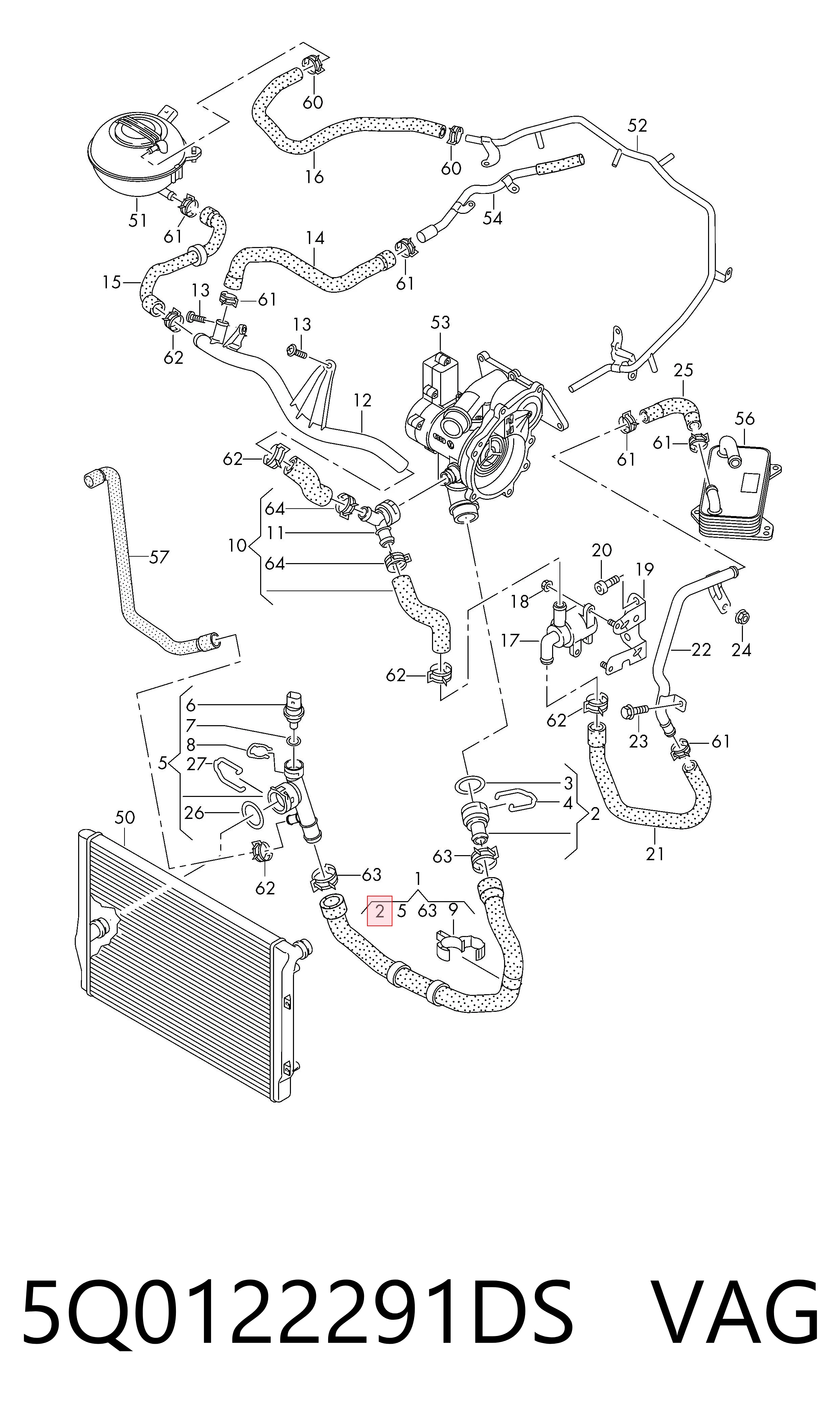 Flange do sistema de esfriamento (união em T) 5Q0122291DS VAG