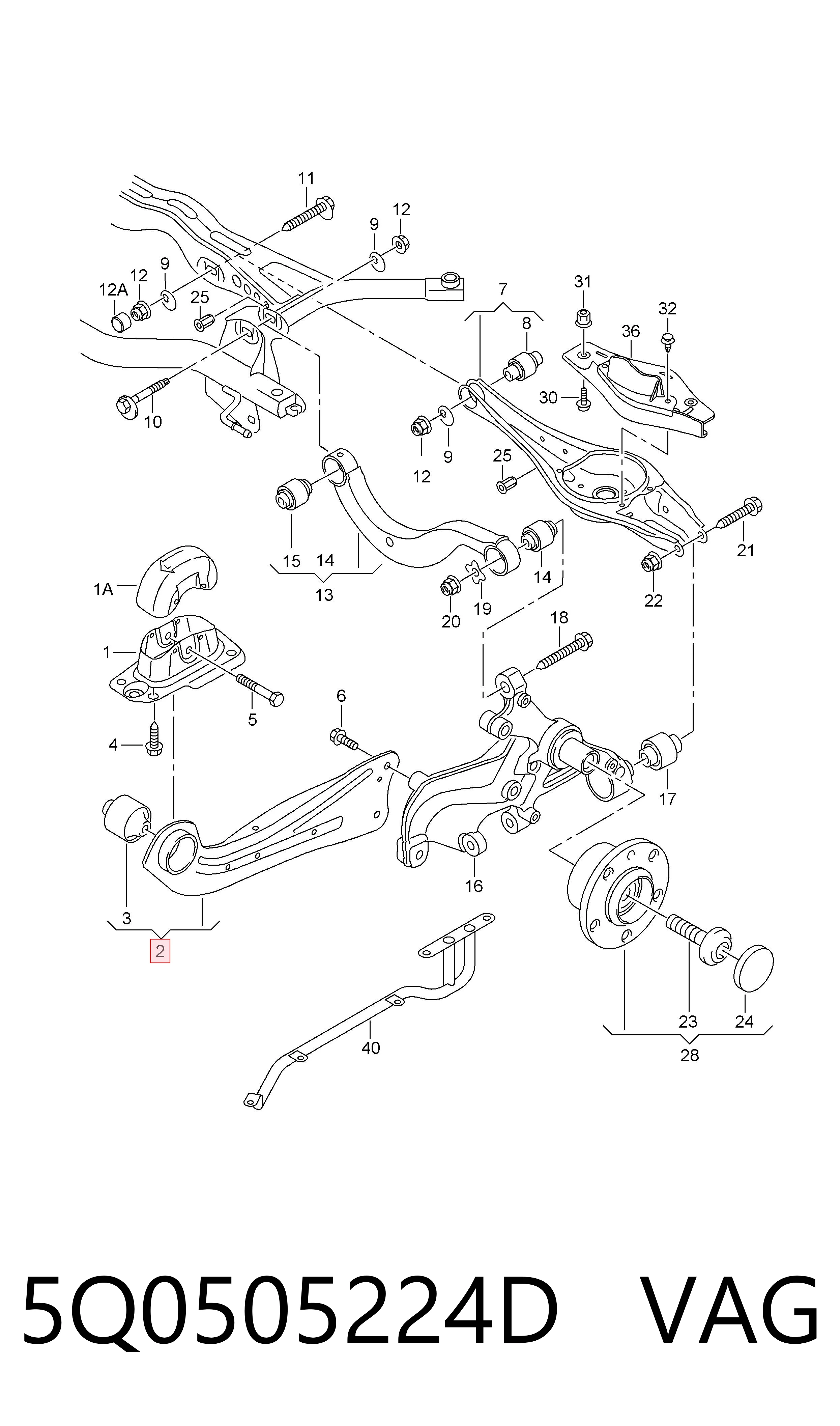 5Q0505224D VAG Braço oscilante (tração) longitudinal inferior direito de suspensão traseira