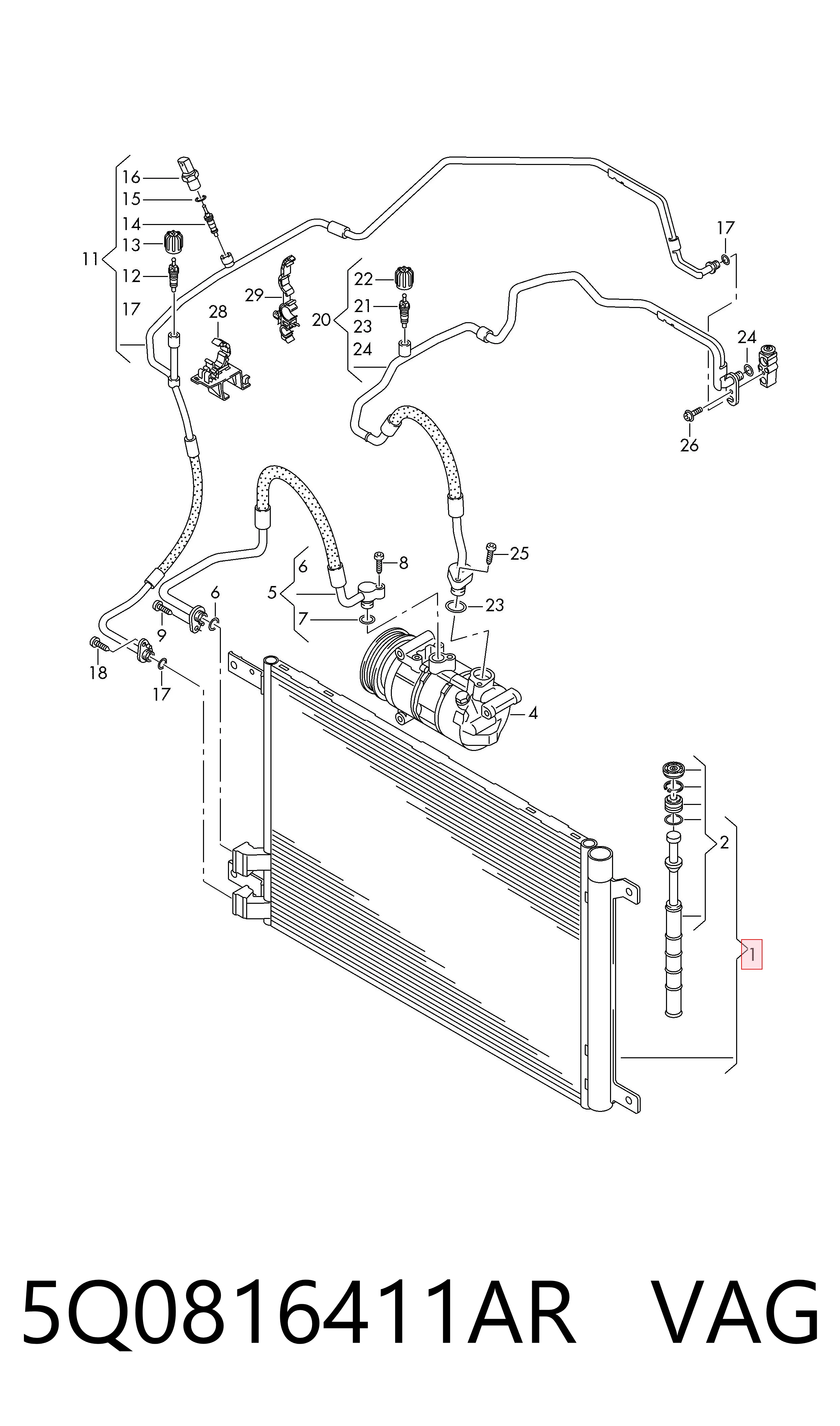 Radiador de aparelho de ar condicionado 5Q0816411AR VAG