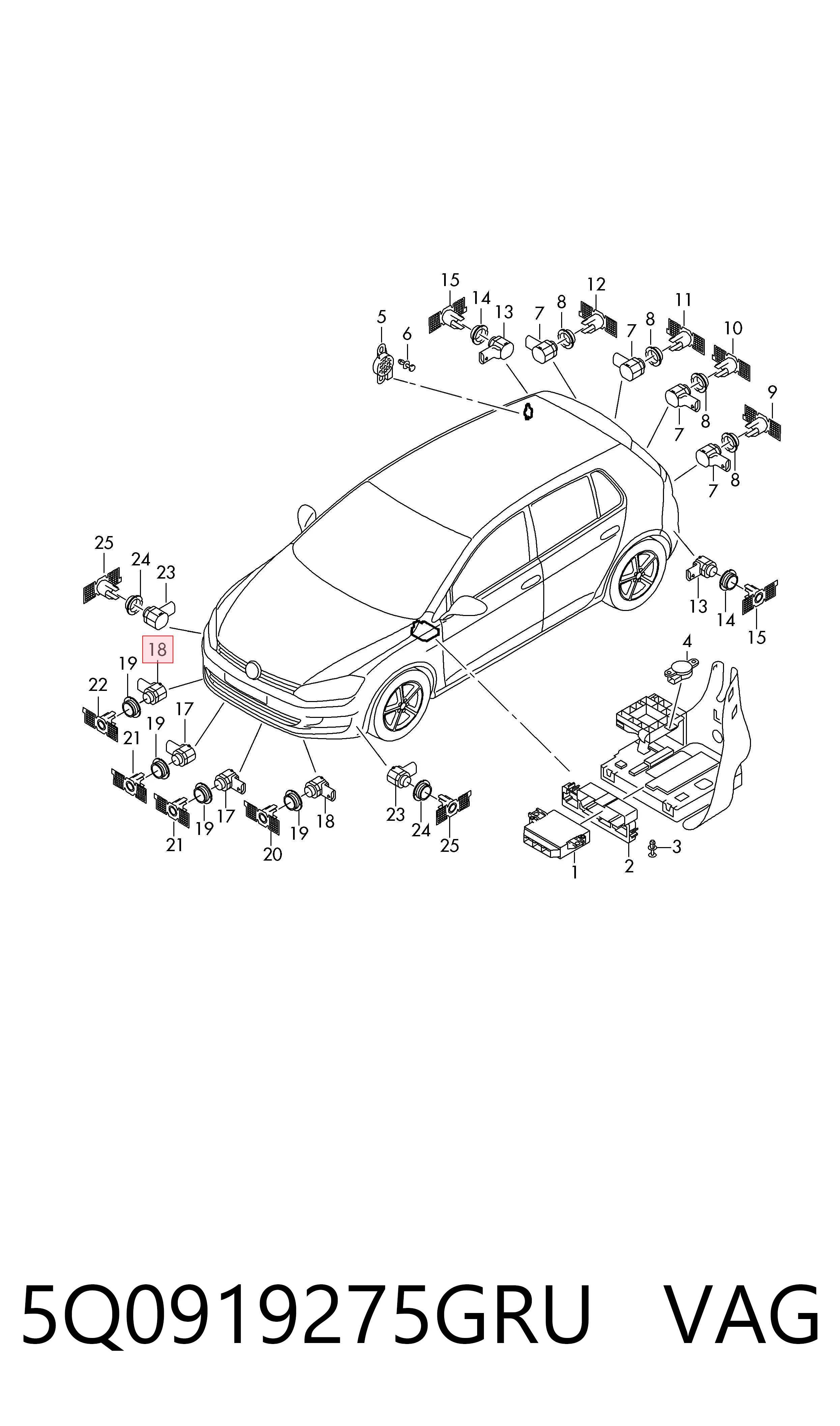 5Q0919275GRU VAG Sensor traseiro de sinalização de estacionamento (sensor de estacionamento)
