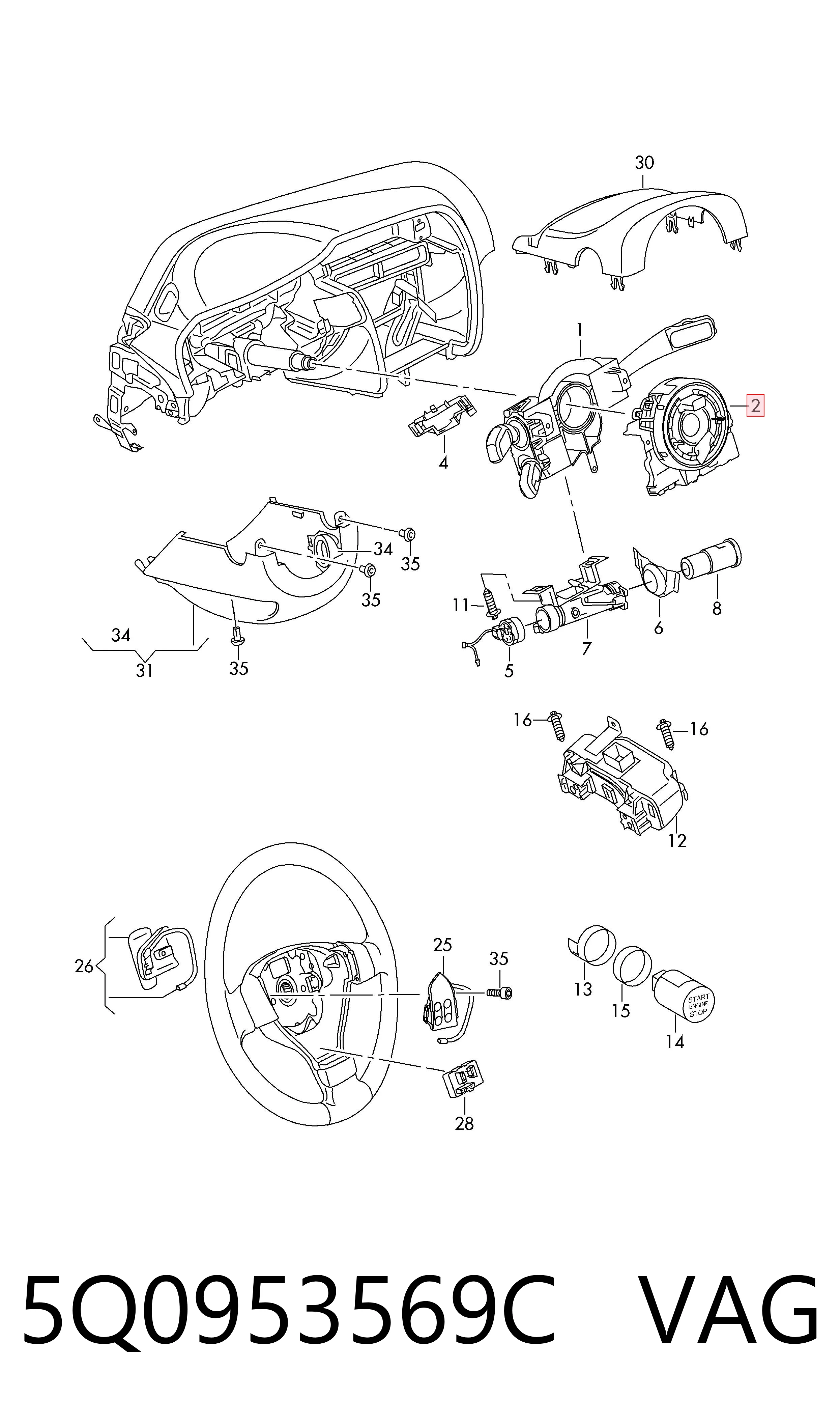 5Q0953569C VAG Anel AIRBAG de contato, cabo plano do volante