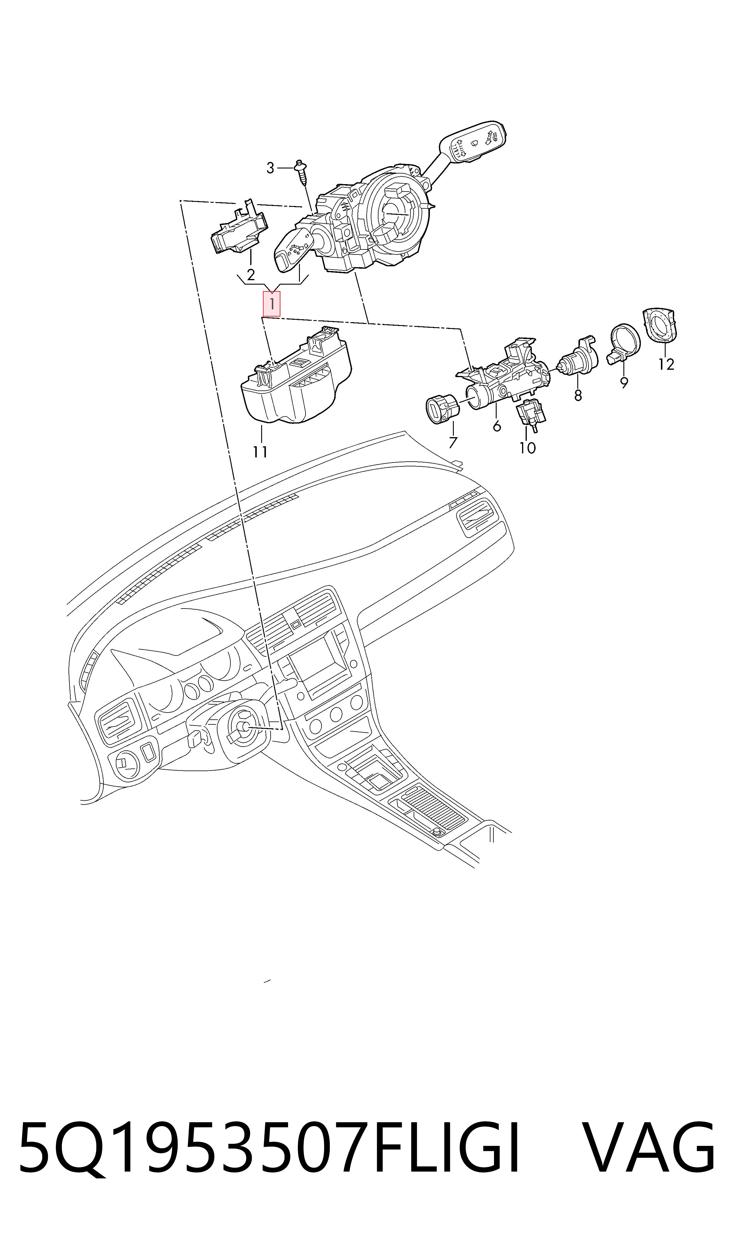 Comutador instalado na coluna da direção, montado Volkswagen Golf VIII CD1, DA1