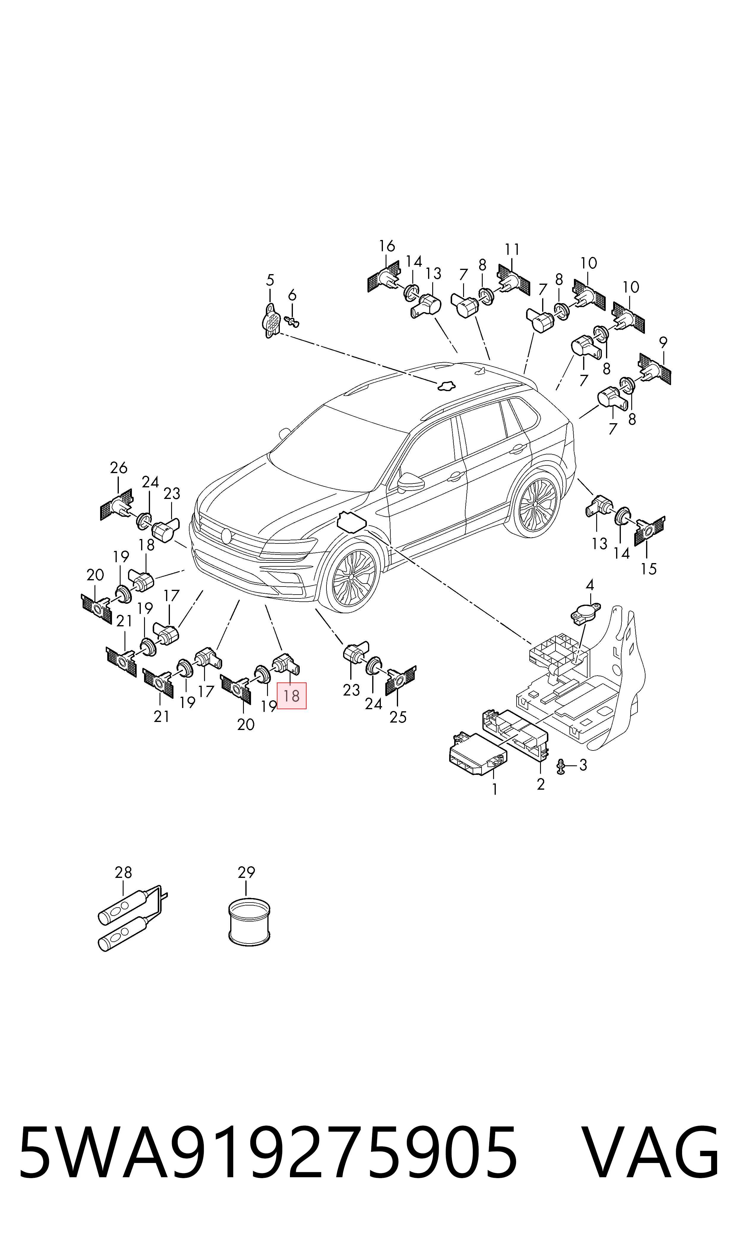 Sensor traseiro de sinalização de estacionamento (sensor de estacionamento) VAG 5WA919275905 preço, a partir de 62,99 USD