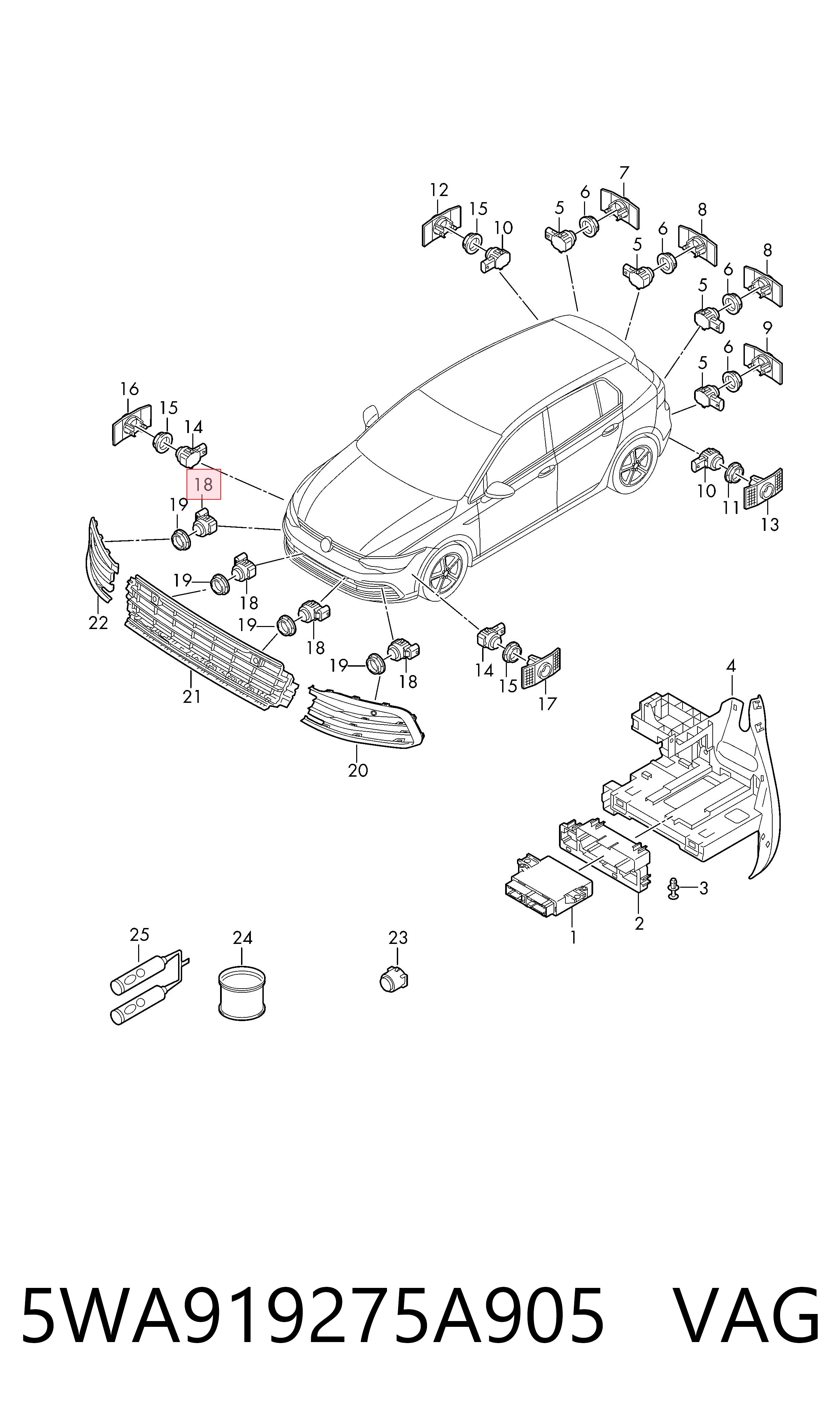 Sensor traseiro de sinalização de estacionamento (sensor de estacionamento) 5WA919275A905 VAG
