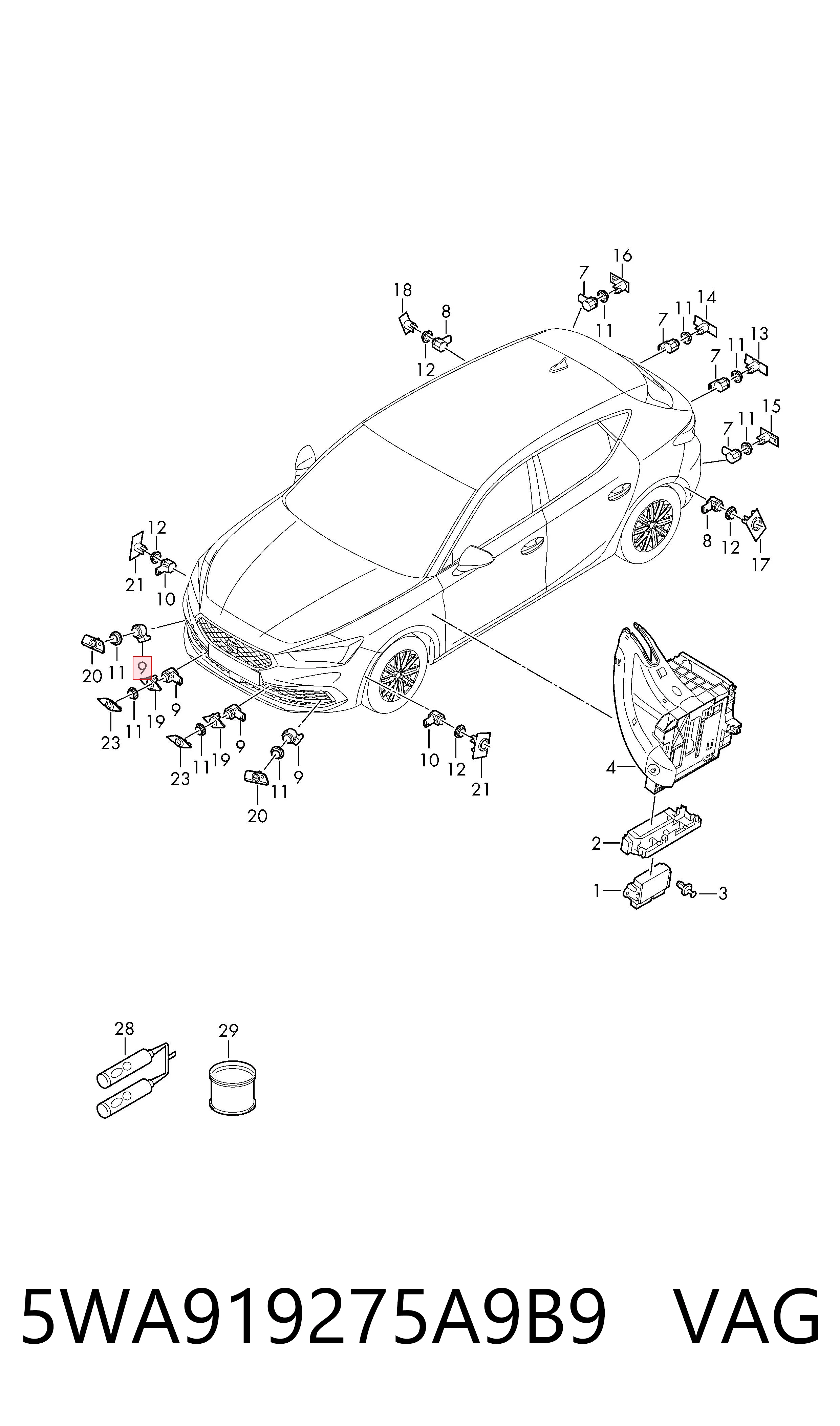 5WA919275A9B9 VAG Sensor traseiro de sinalização de estacionamento (sensor de estacionamento)