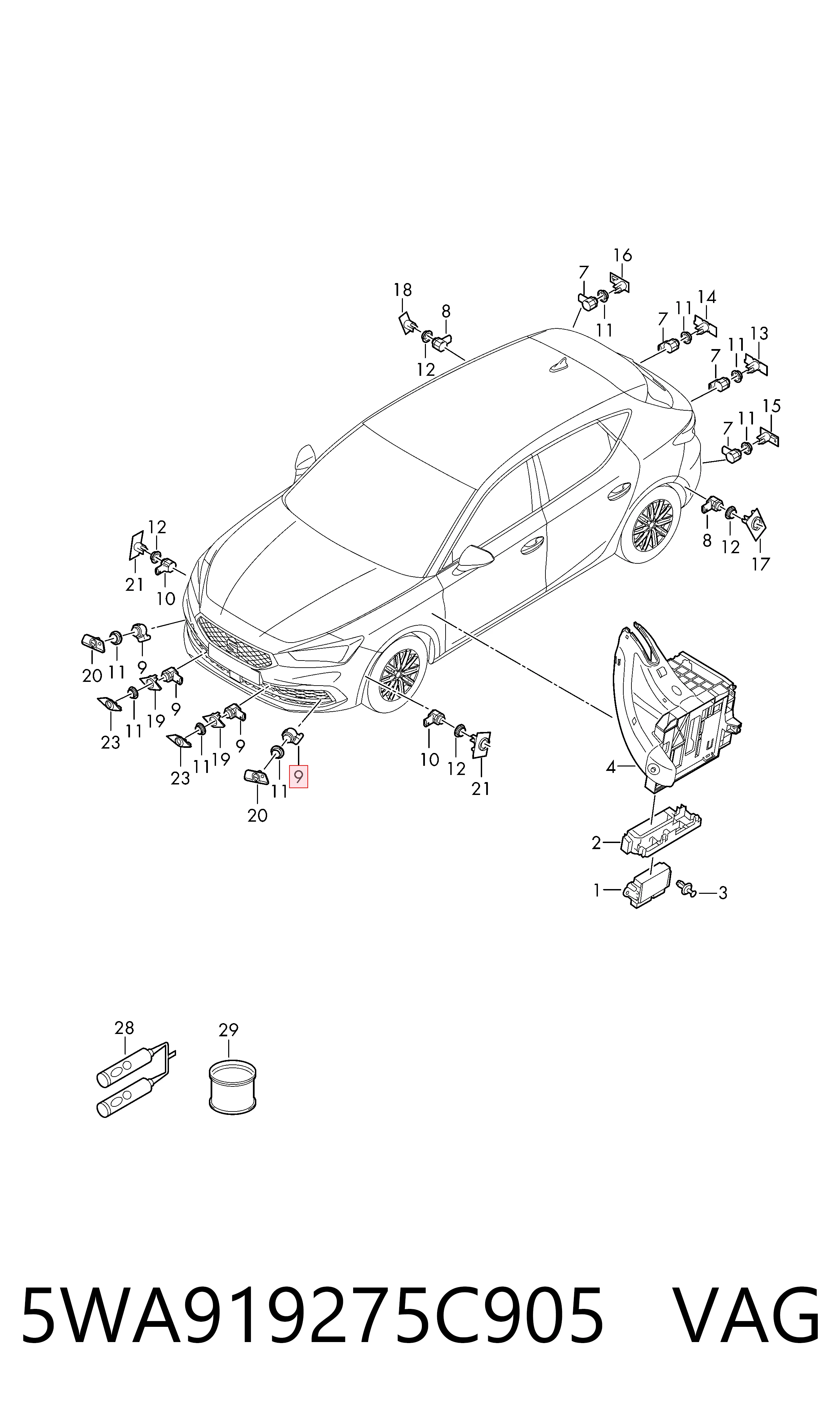 5WA919275C905 VAG Sensor traseiro de sinalização de estacionamento (sensor de estacionamento)