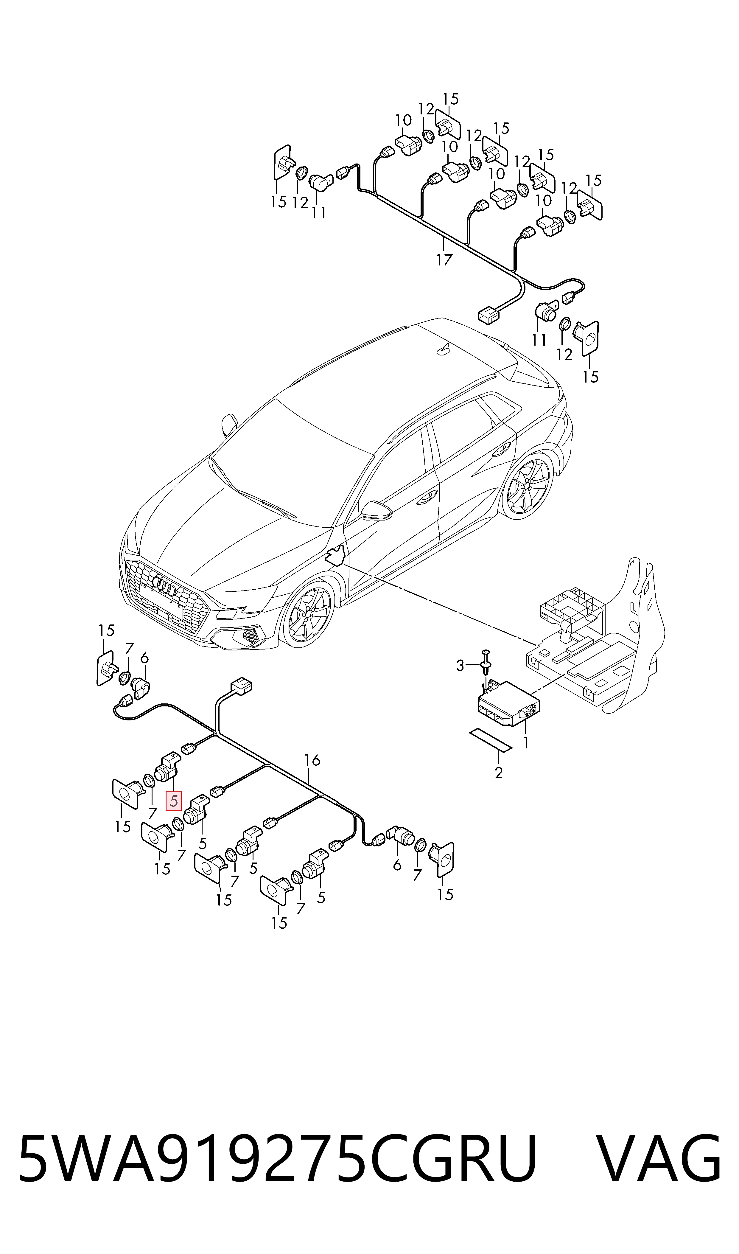 5WA919275CGRU VAG Sensor traseiro de sinalização de estacionamento (sensor de estacionamento)