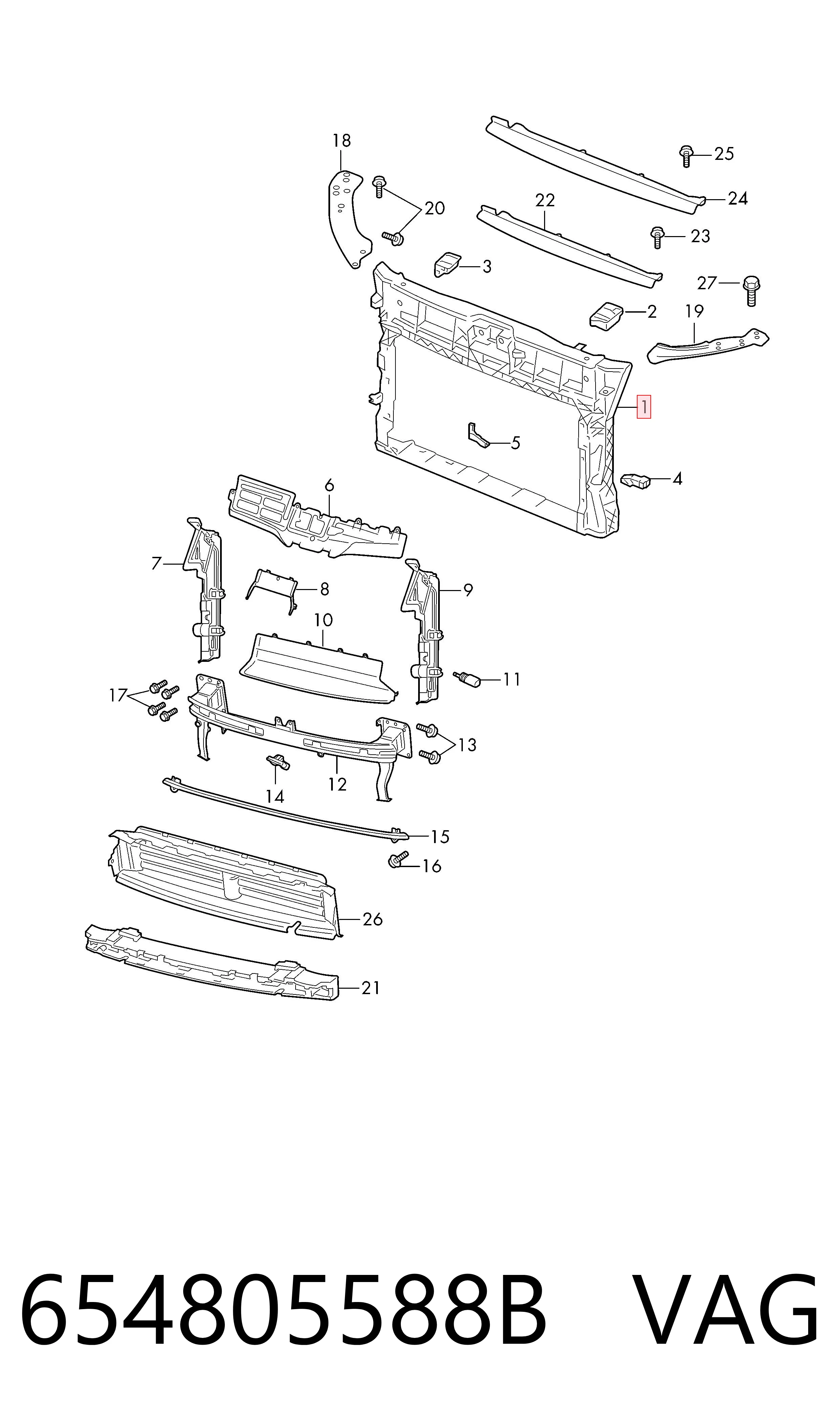 654805588B VAG Suporte do radiador montado (painel de montagem de fixação das luzes)
