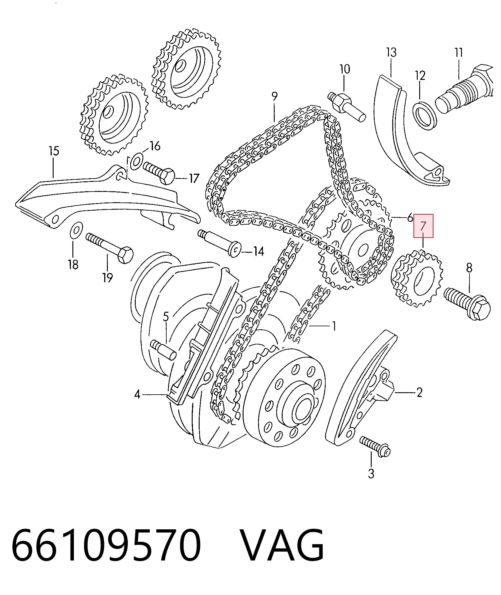 Engrenagem de cadeia da roda dentada de acionamento de cambota de motor Volkswagen Touareg I 7LA, 7L6, 7L7