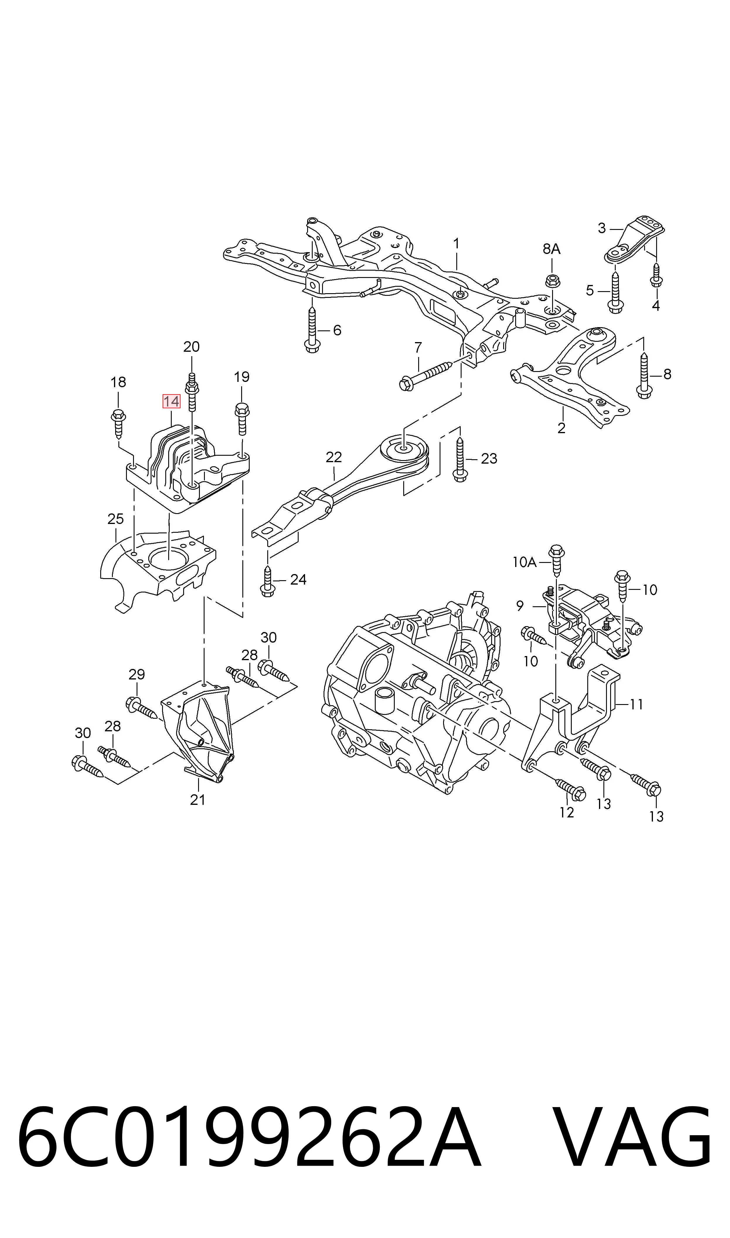 6C0199262A VAG Coxim (suporte) direito de motor
