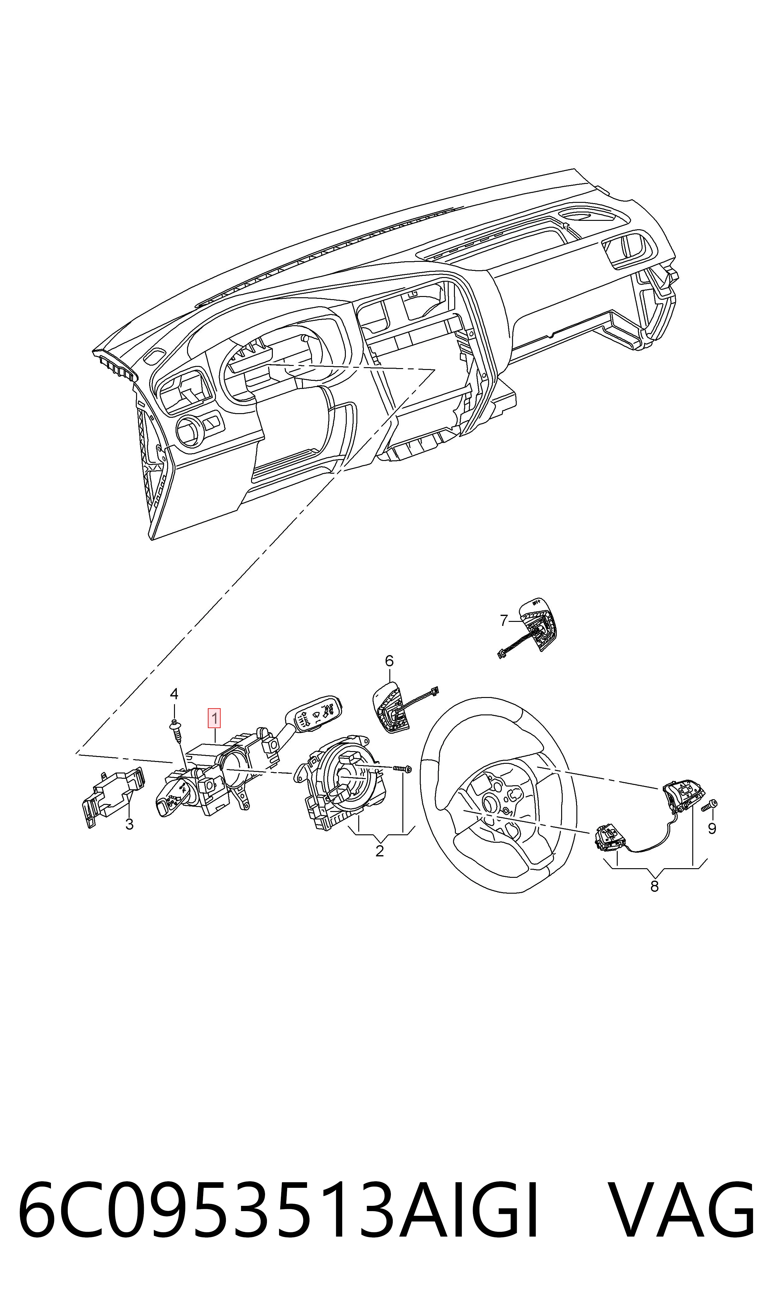 Comutador instalado na coluna da direção, montado para Volkswagen Polo 602, 604, 612, 614